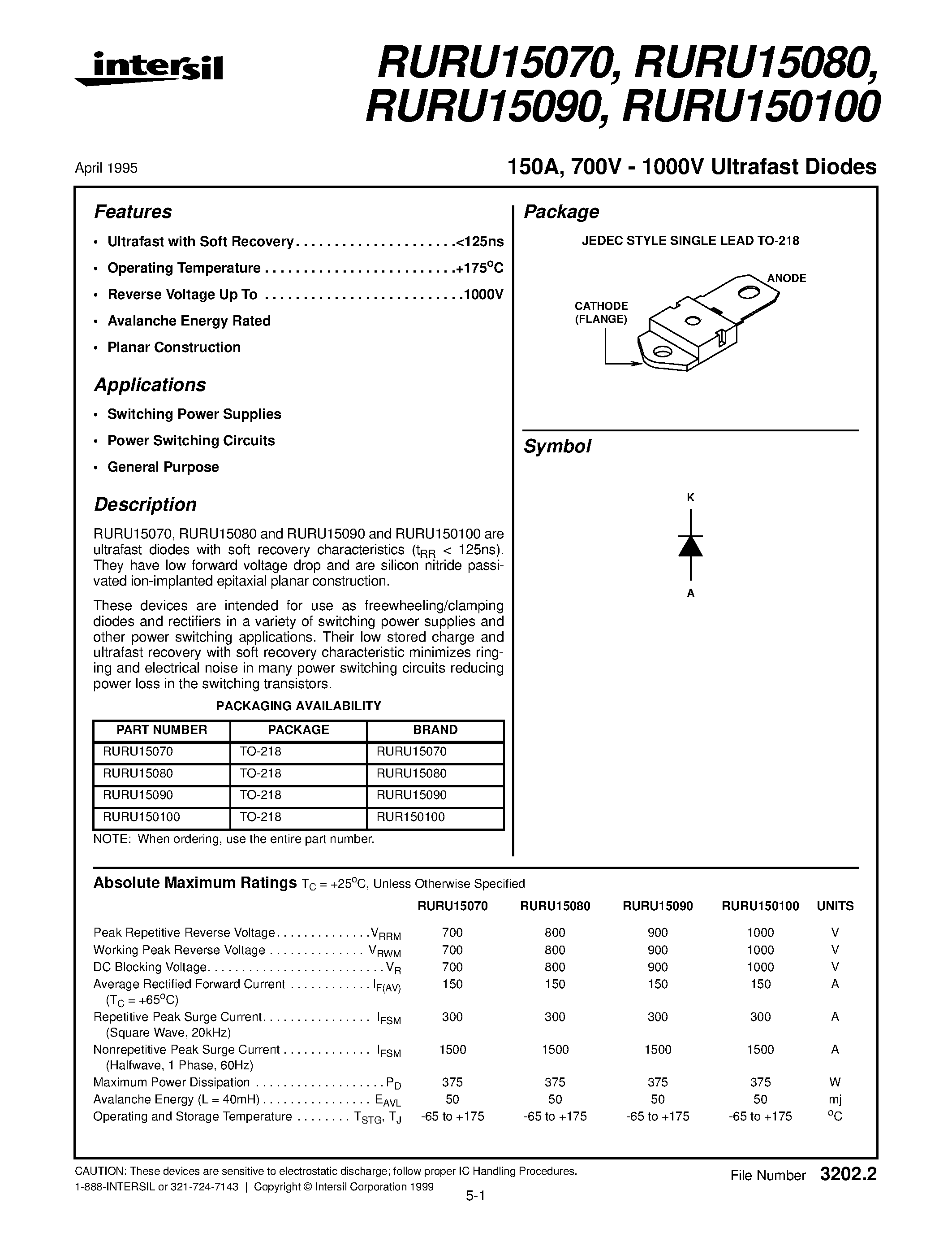 Даташит на микросхему RURU15070 страница 1 Даташит RURU15070 - 150A/ 700V - 1000V Ultrafast Diodes страница 1