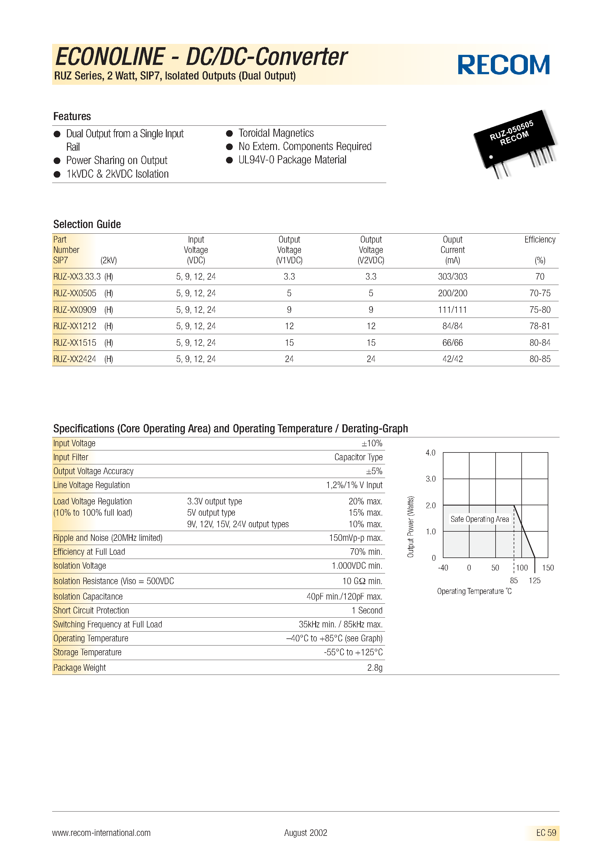 Datasheet RUZ-053.33.3 - ECONOLINE - DC/DC - CONVERTER page 1