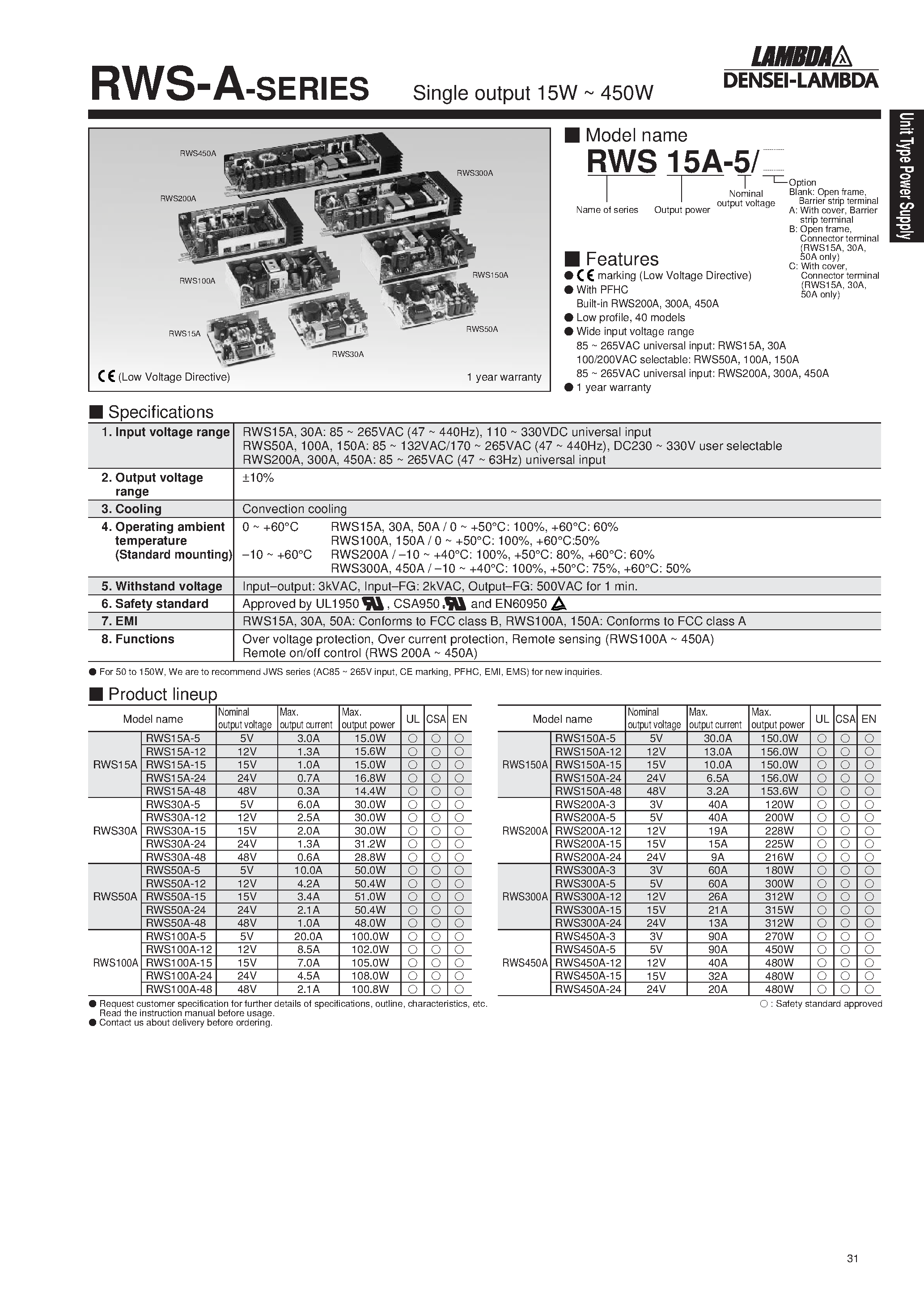Datasheet RWS300A-5 - Single output 15W ~ 450W page 1