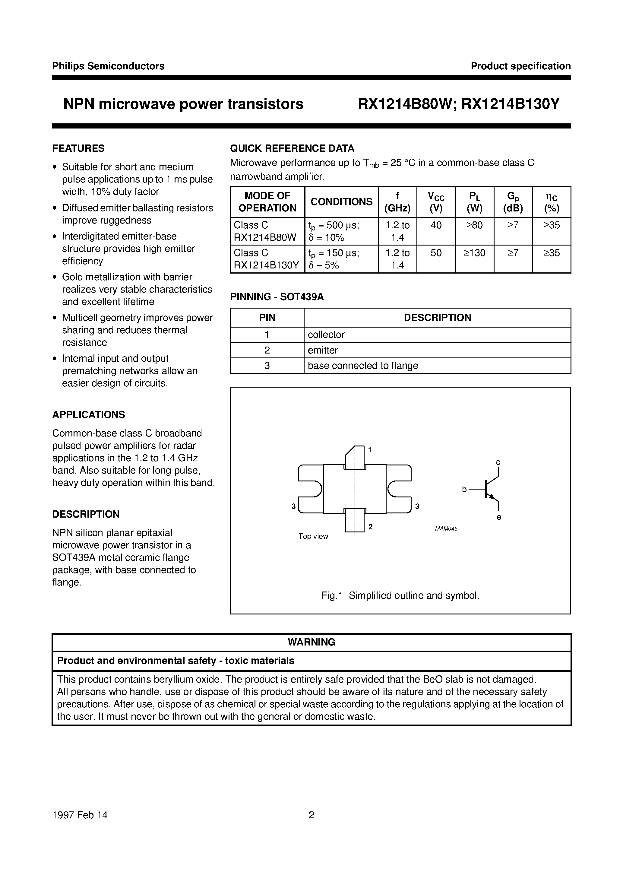 Datasheet RX1214B130Y - NPN microwave power transistors page 2