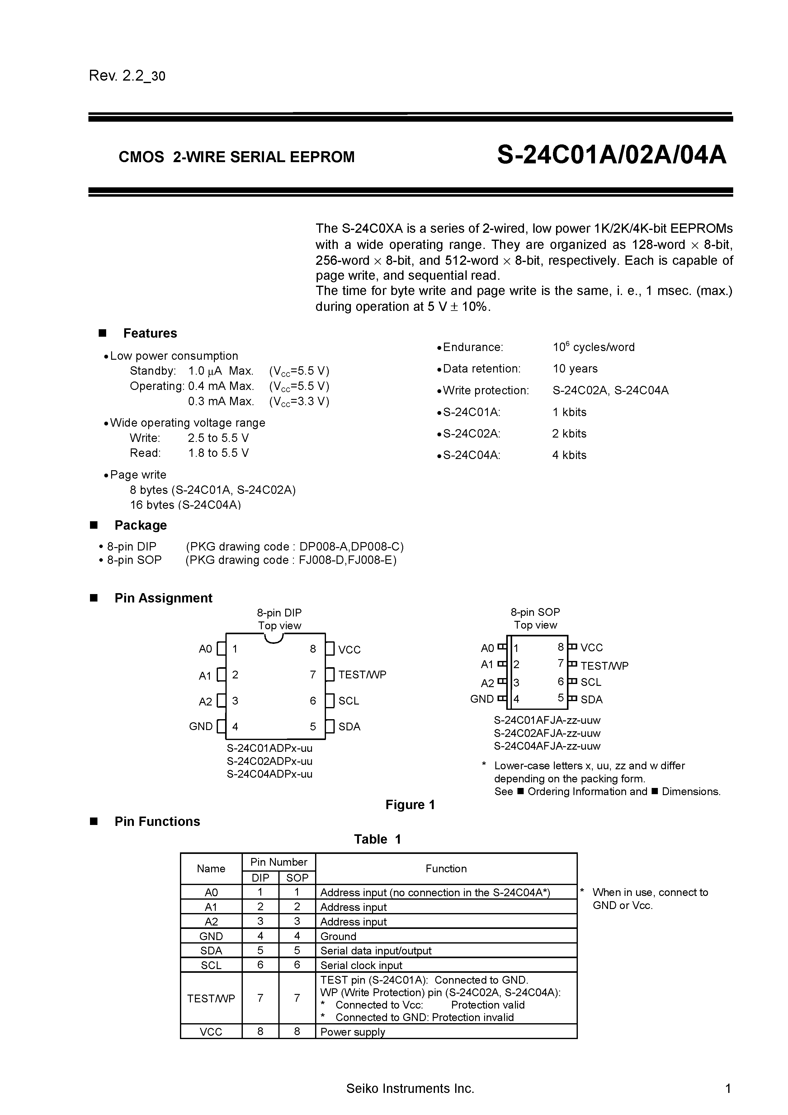 Даташит S-24C01ADP-11-S - CMOS 2-WIRE SERIAL EEPROM страница 1