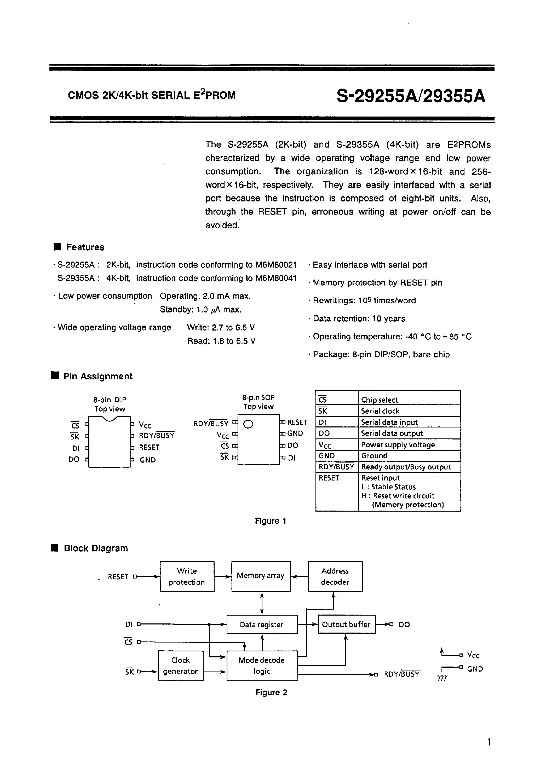 Даташит на микросхему S-29355AFE страница 2 Даташит S-29355AFE - CMOS 2K/4K-bit SERIAL EEPROM страница 2