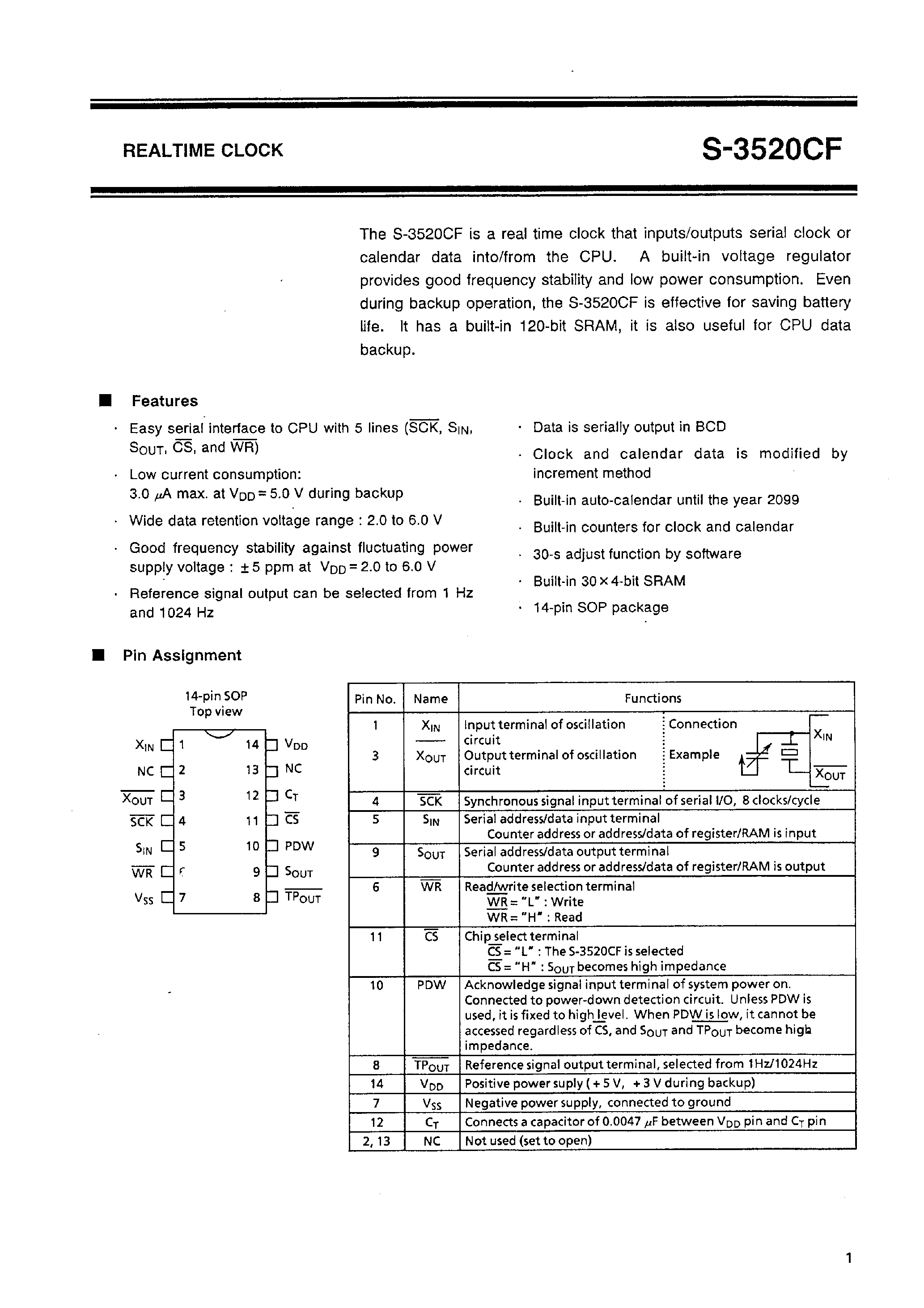 Даташит на микросхему S-3520CF страница 2 Даташит S-3520CF - REALTIME CLOCK страница 2