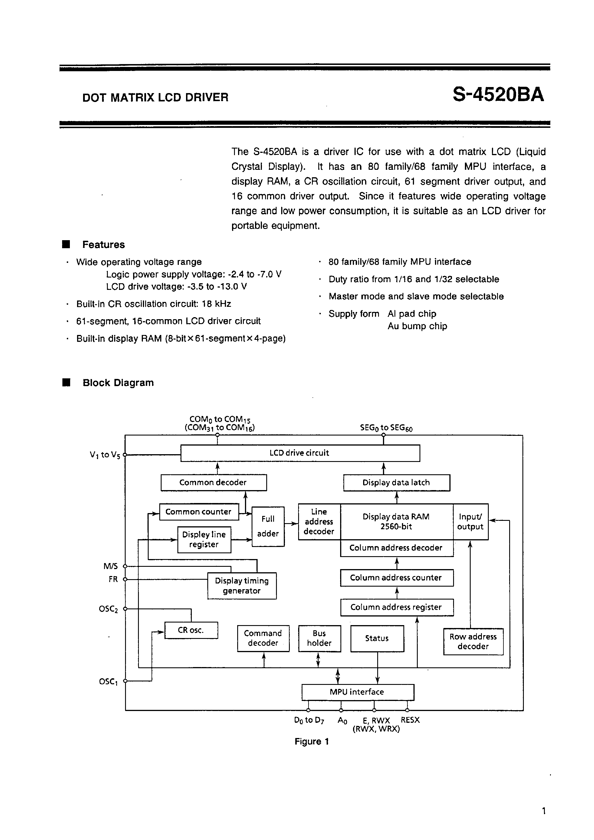 Datasheet S-4520BA page 1 Datasheet S-4520BA - DOT MATRIX LCD DRIVER page 1