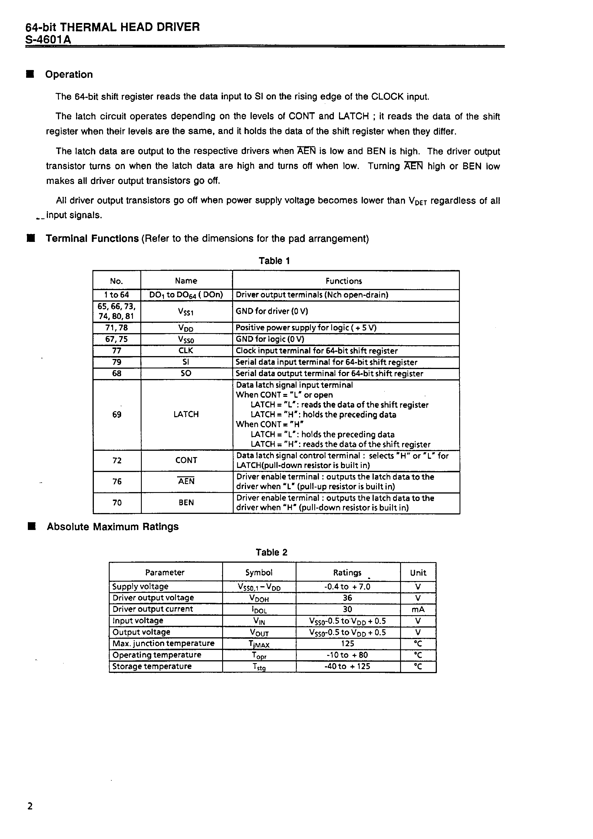 Datasheet S-4601A page 2 Datasheet S-4601A - 64-bit THERMAL HEAD DRIVER page 2