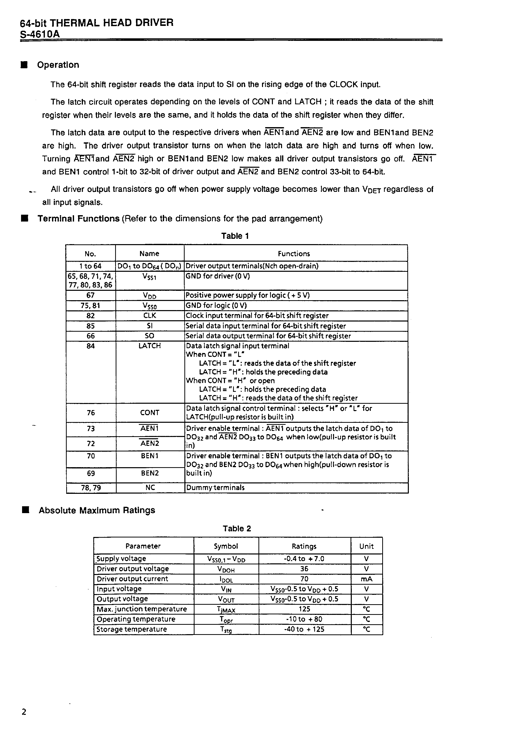 Даташит S-4610A - 64-bit THERMAL HEAD DRIVER страница 2