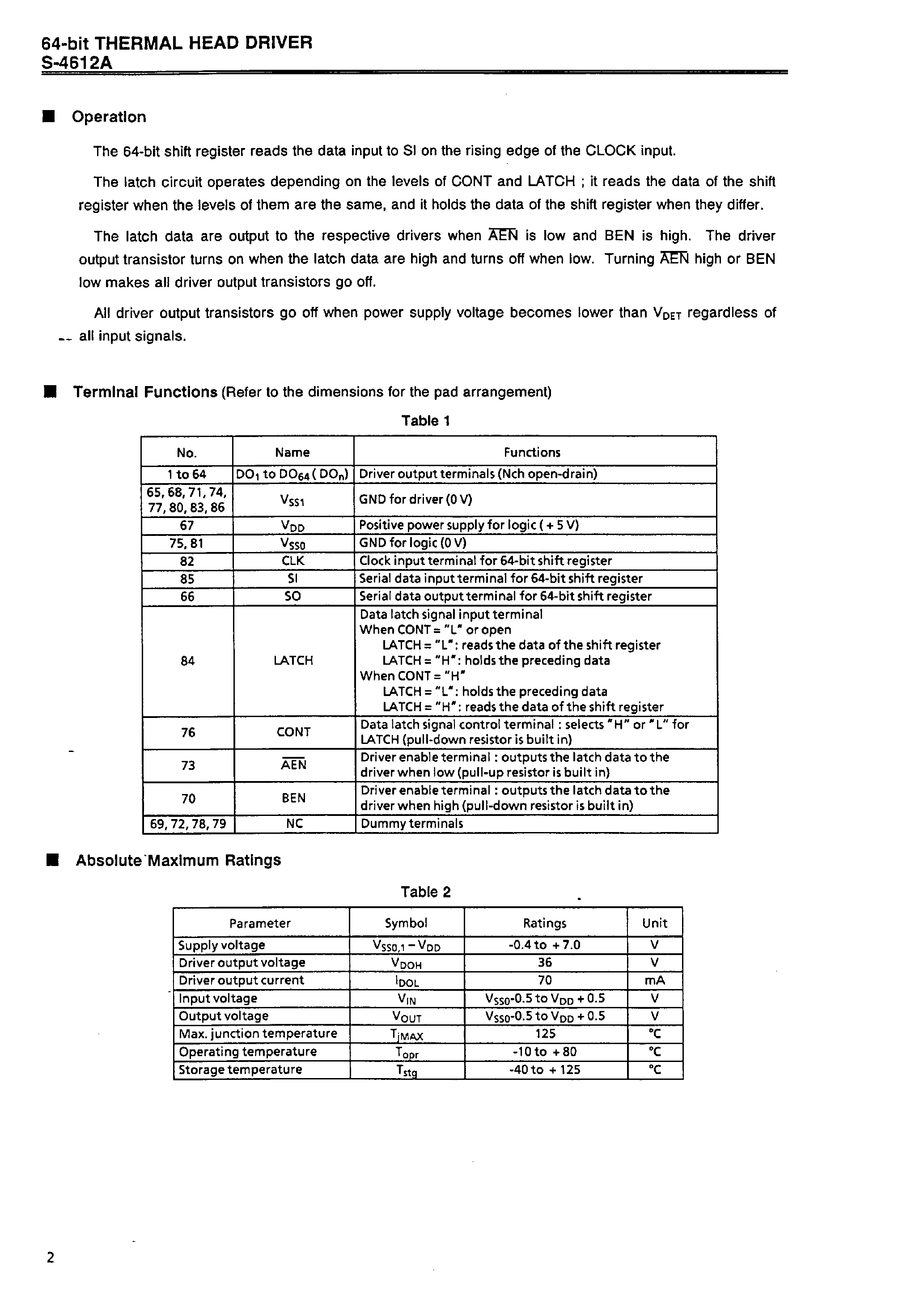 Даташит на микросхему S-4612A страница 2 Даташит S-4612A - 64-bit THERMAL HEAD DRIVER страница 2