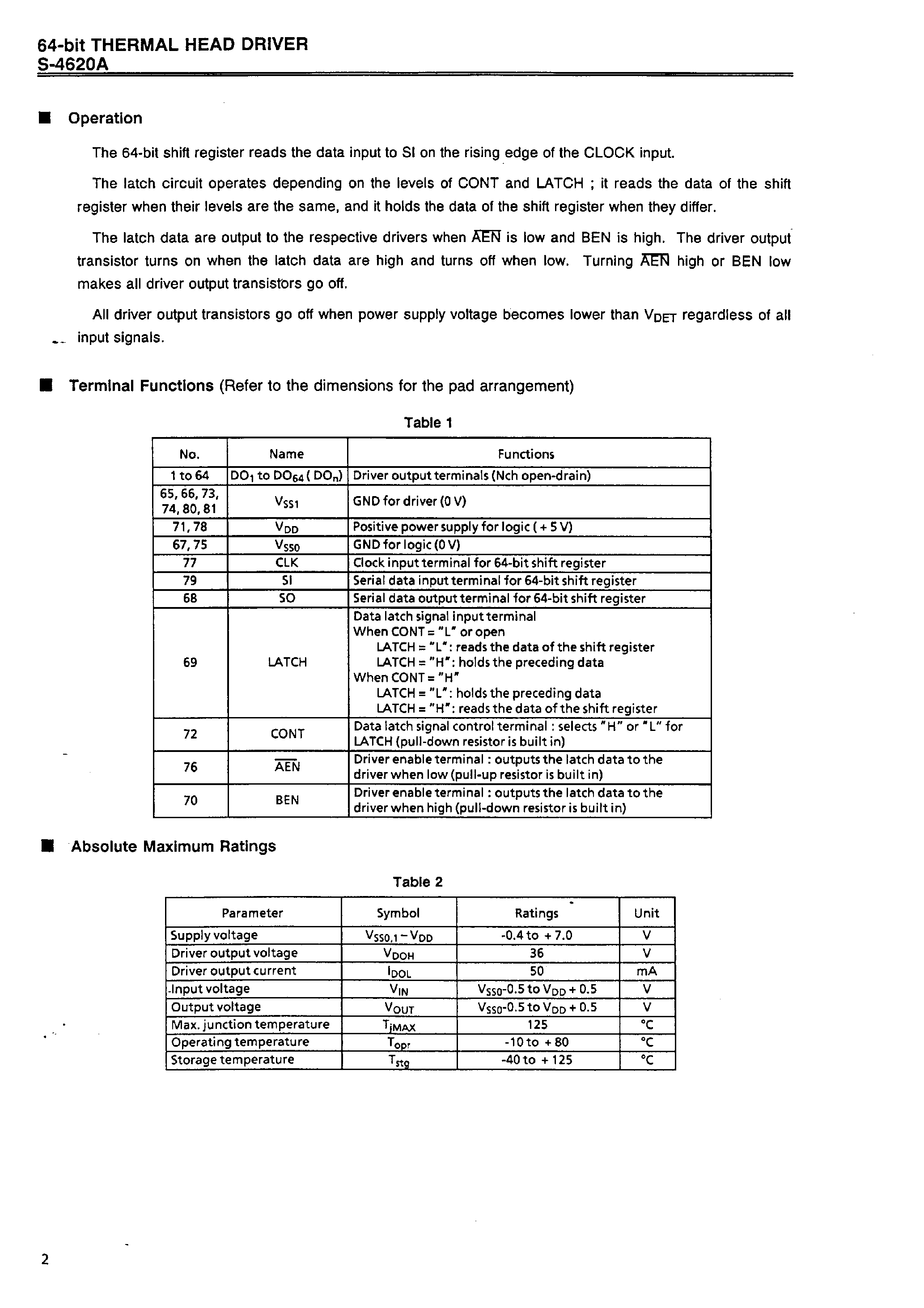 Datasheet S-4620A page 2 Datasheet S-4620A - 64-bit THERMAL HEAD DRIVER page 2