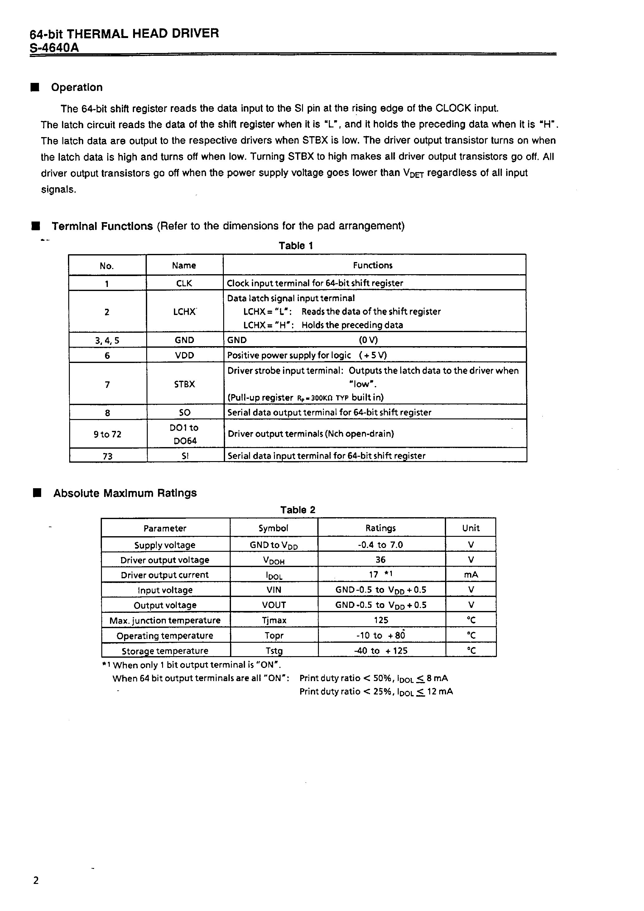 Даташит S-4640A - 64-bit THERMAL HEAD DRIVER страница 2