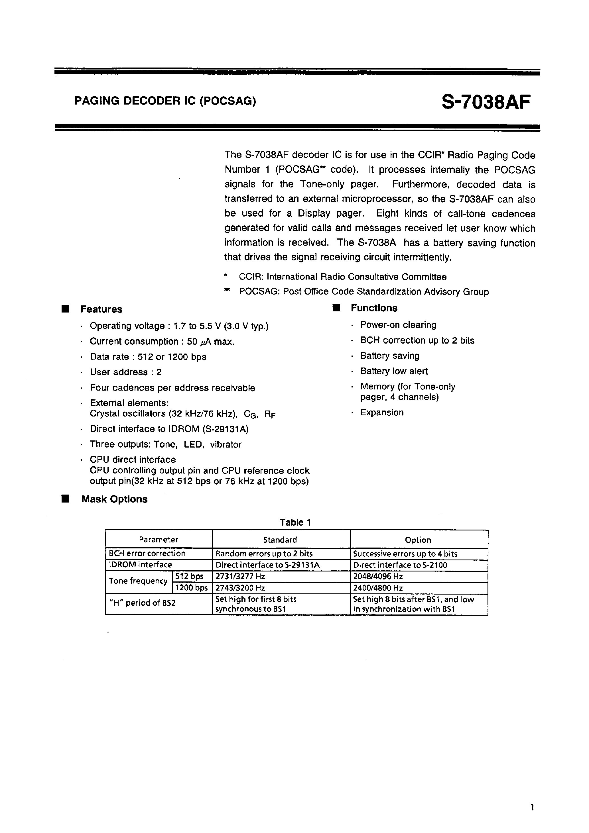 Datasheet S-7038AF - PAGING DECODER IC (POCSAG) page 2