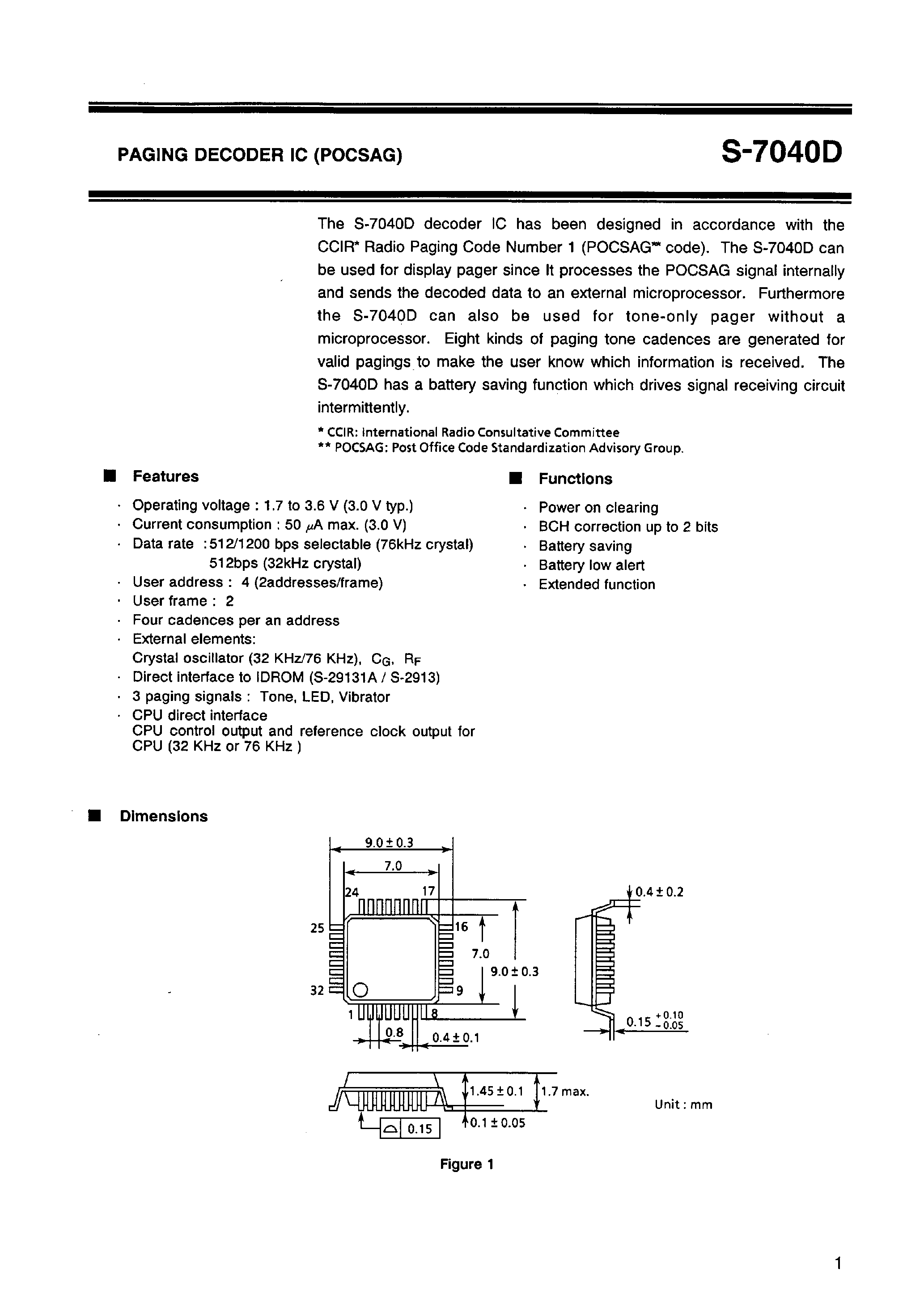 Datasheet S-7040D - PAGING DECODER IC (POCSAG) page 2