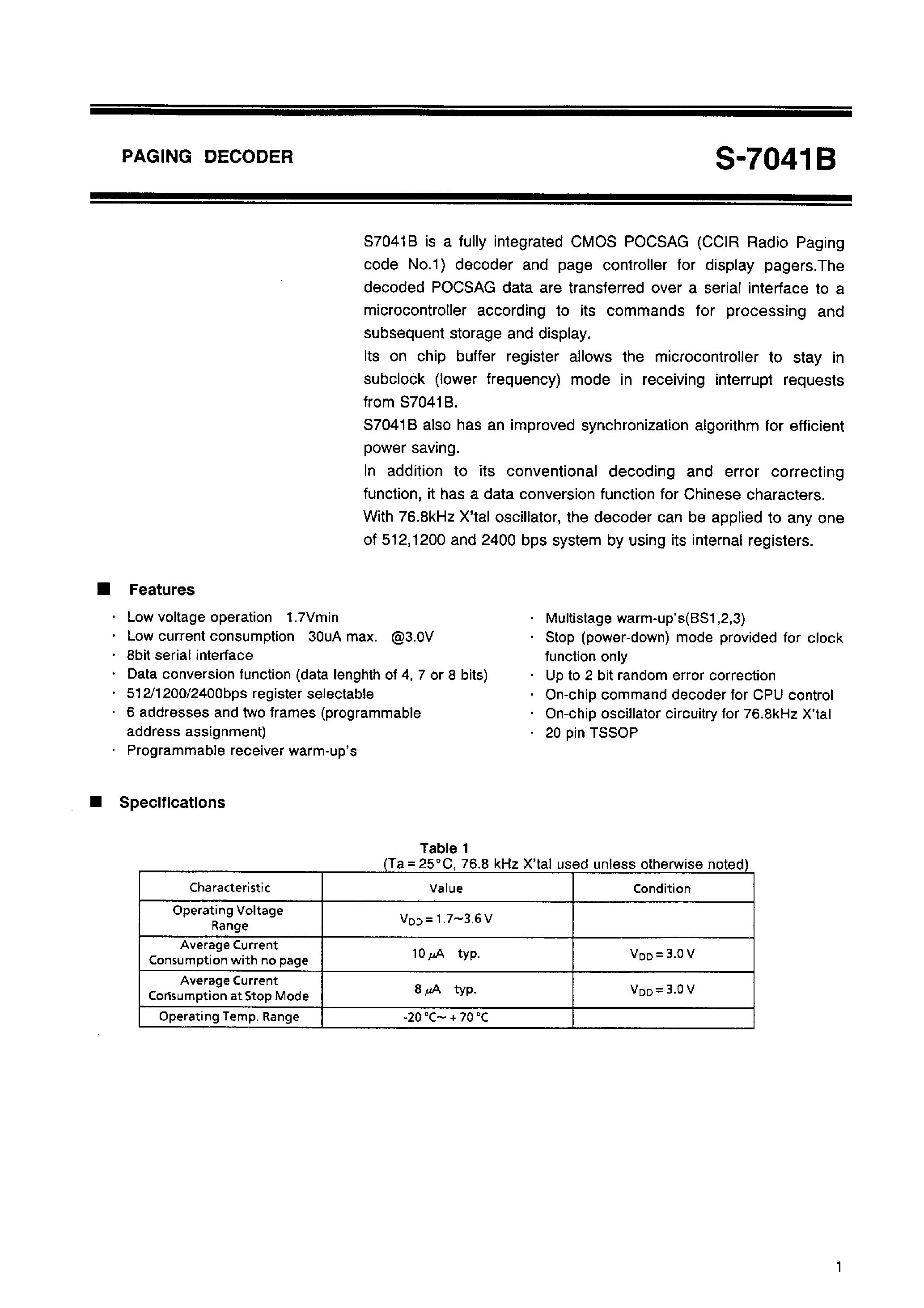 Datasheet S-7041B - PAGING DECODER page 2