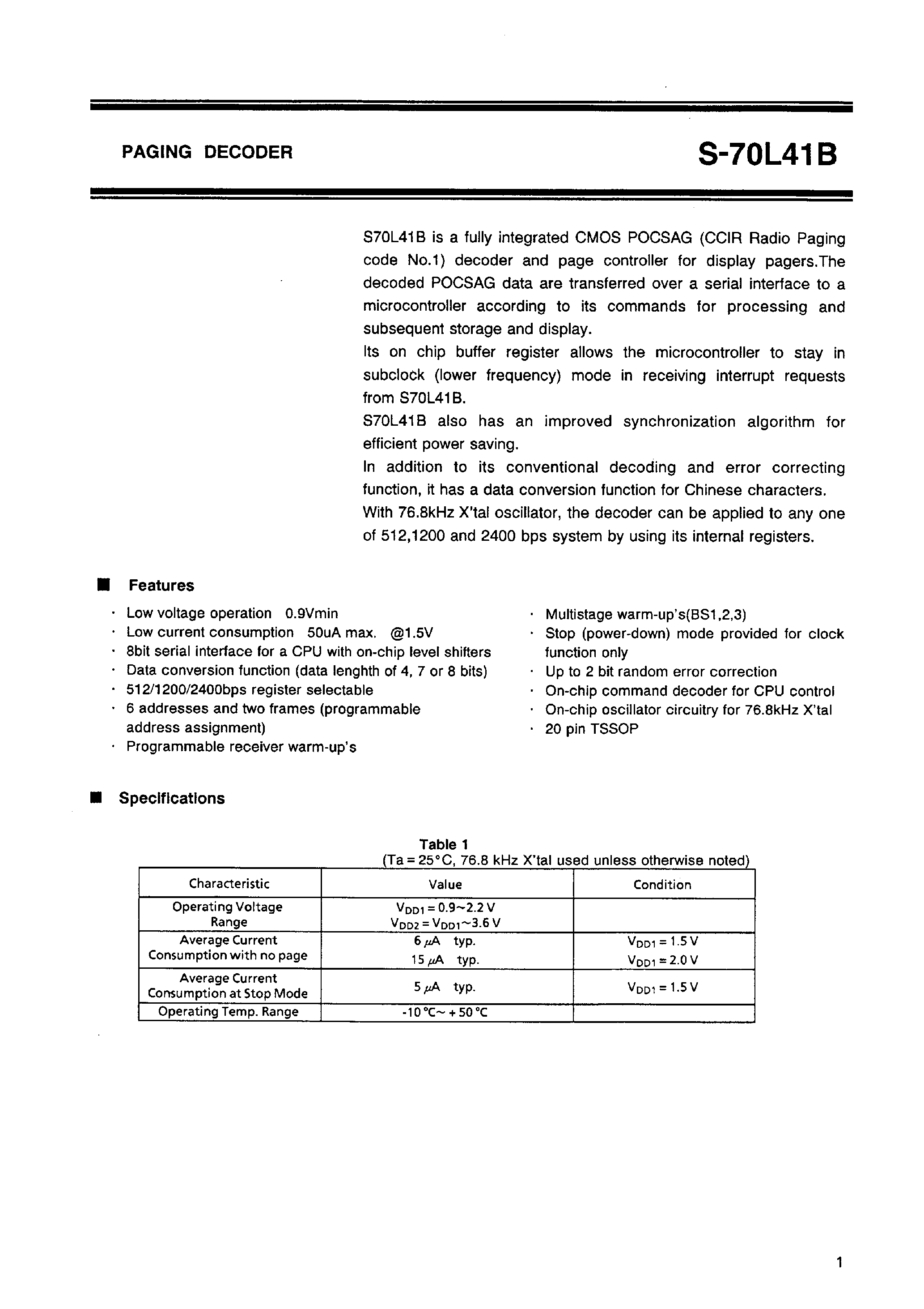 Datasheet S-70L41B page 2 Datasheet S-70L41B - PAGING DECODER page 2