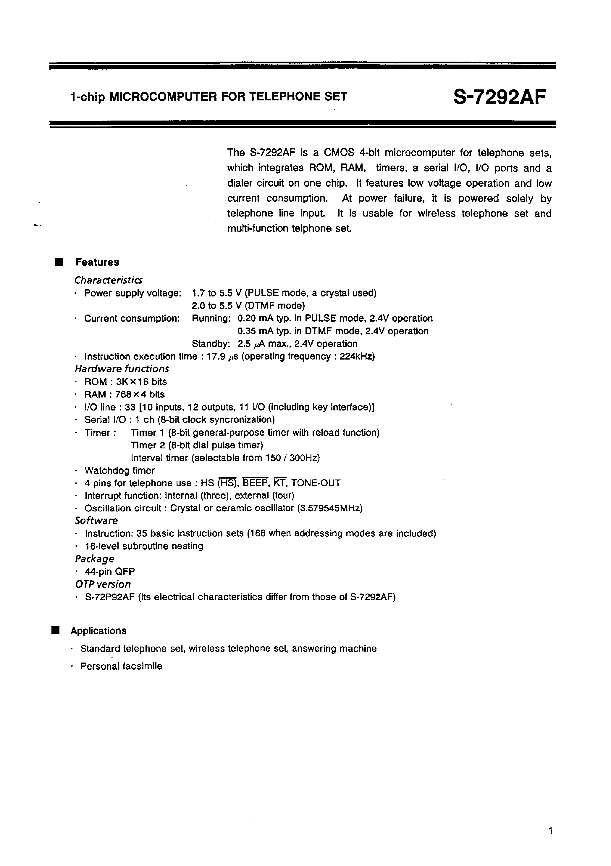 Datasheet S-7292AF - 1-chip MICROCOMPUTER FOR TELEPHONE SET page 1