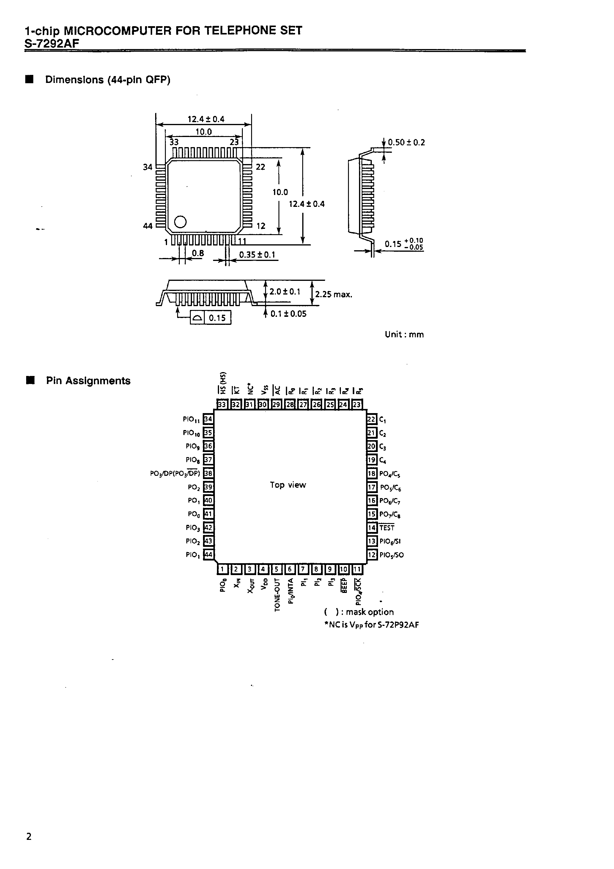 Datasheet S-7292AF - 1-chip MICROCOMPUTER FOR TELEPHONE SET page 2