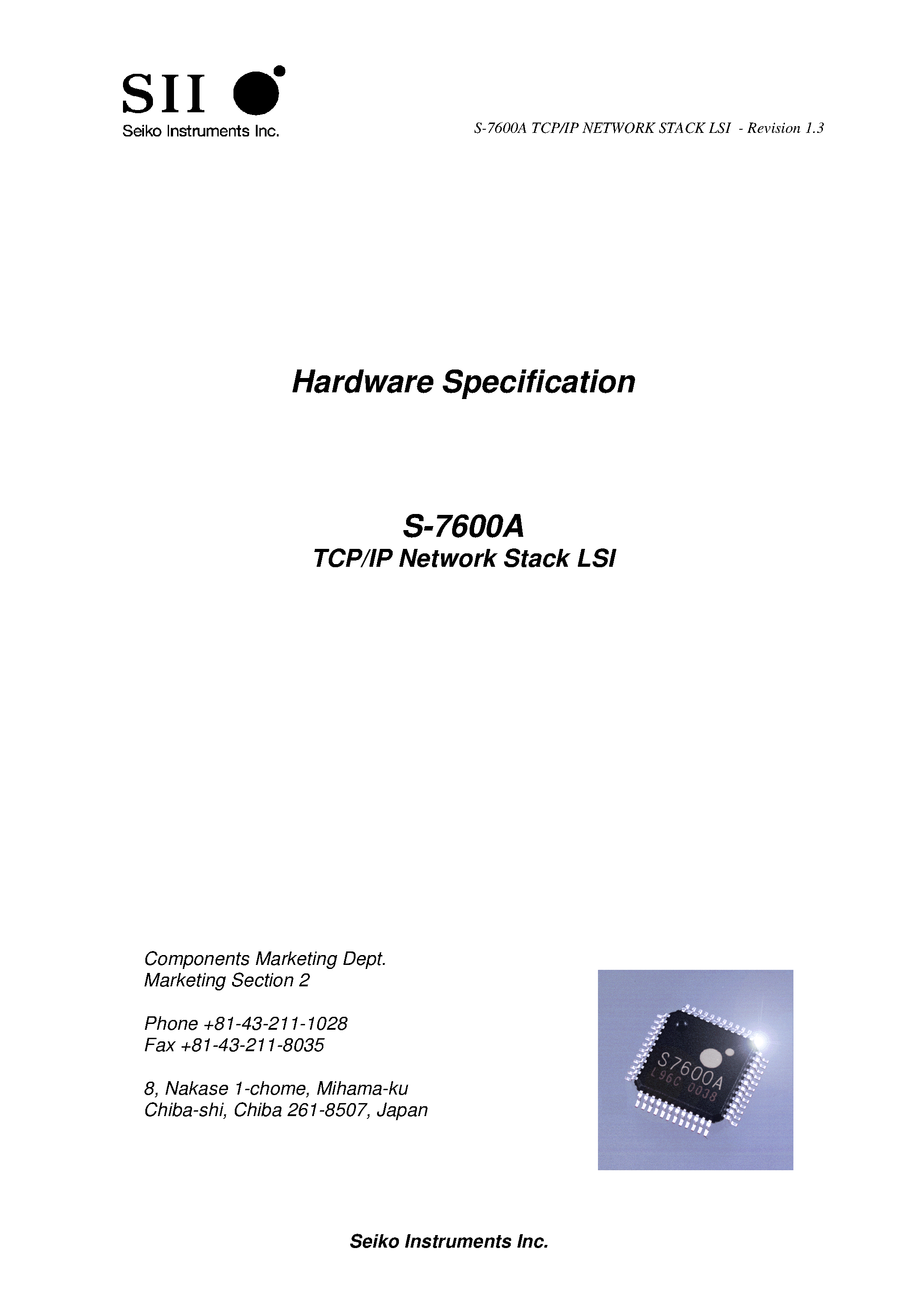 Datasheet S-7600A - Hardware Specification (TCP/IP Network Stack LSI) page 1