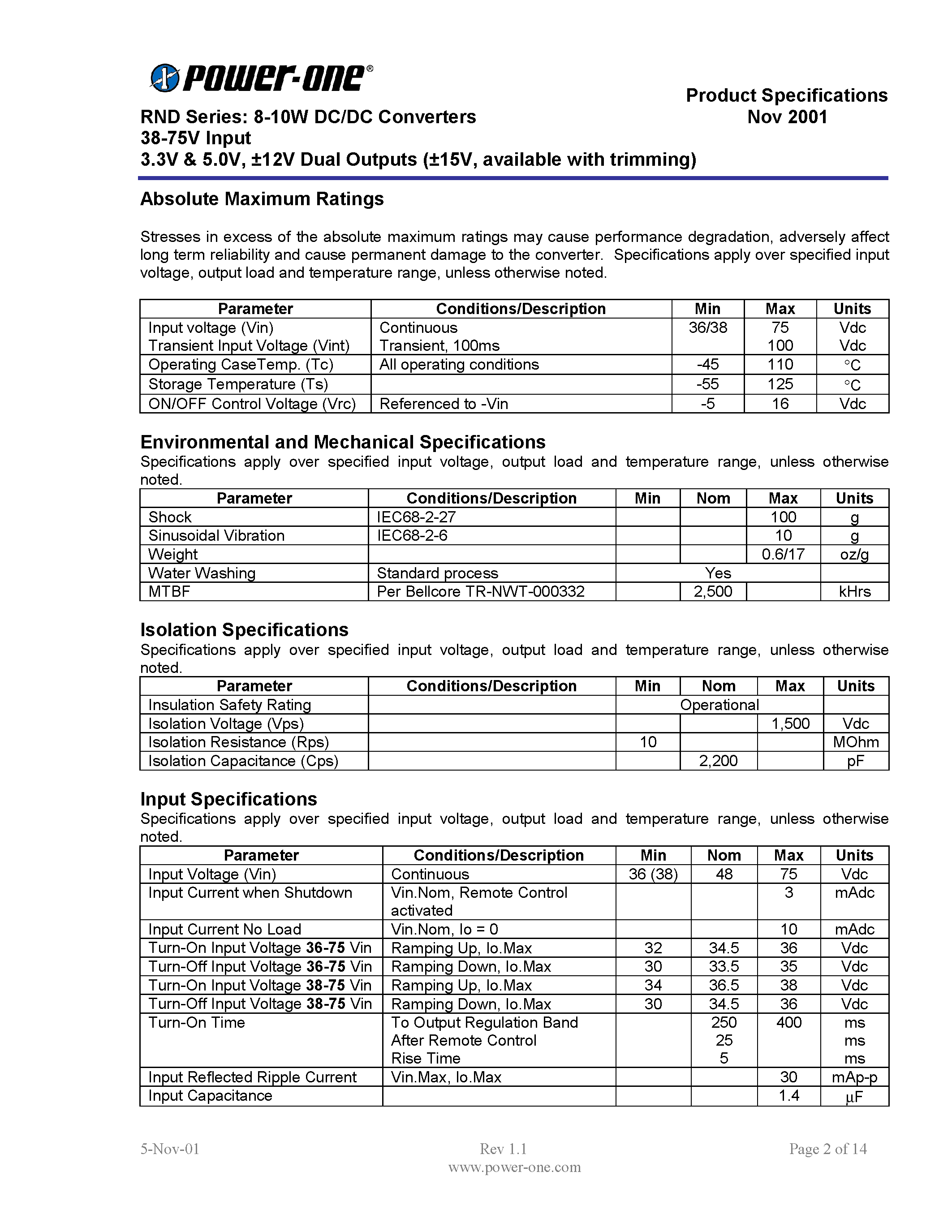 Datasheet RND02ZGE-M6 page 2 Datasheet RND02ZGE-M6 - RND Series: 8-10W DC/DC Converters 38-75V Input 3.3V & 5.0V/ 12V Dual Outputs 15V/ available with trimming page 2