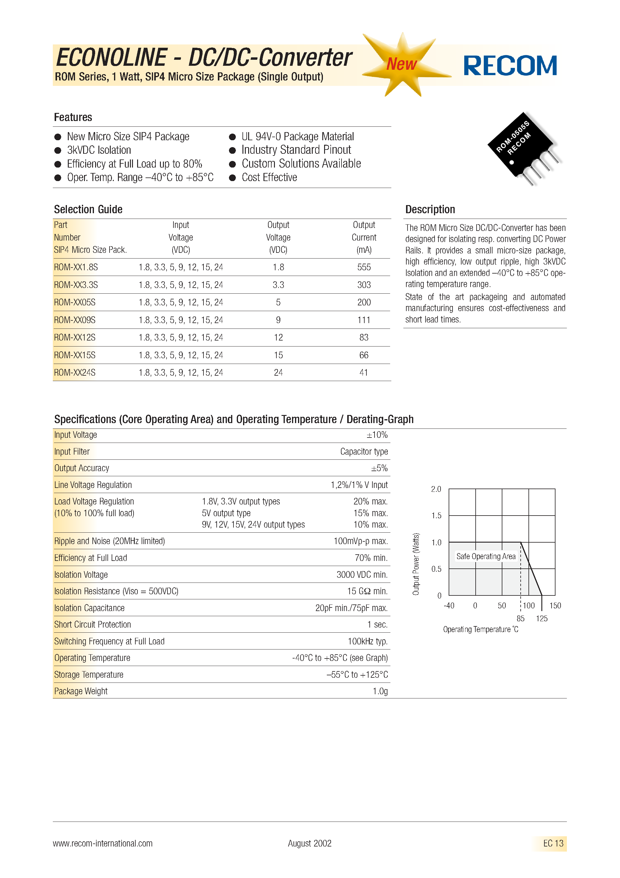 Datasheet ROM-3.312S - ECONOLINE - DC/DC - CONVERTER page 1
