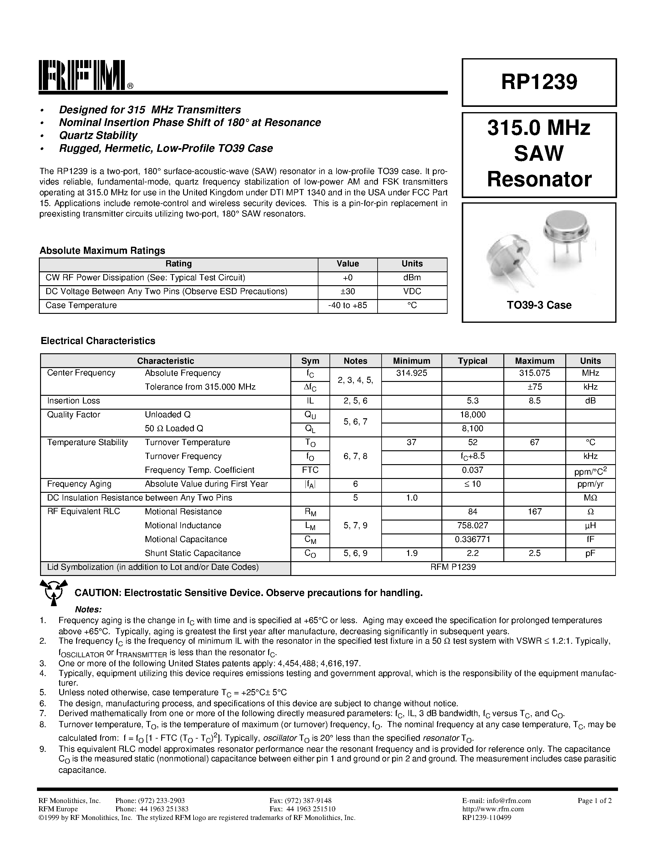 Datasheet RP1239 - 315.0 MHz SAW Resonator page 1
