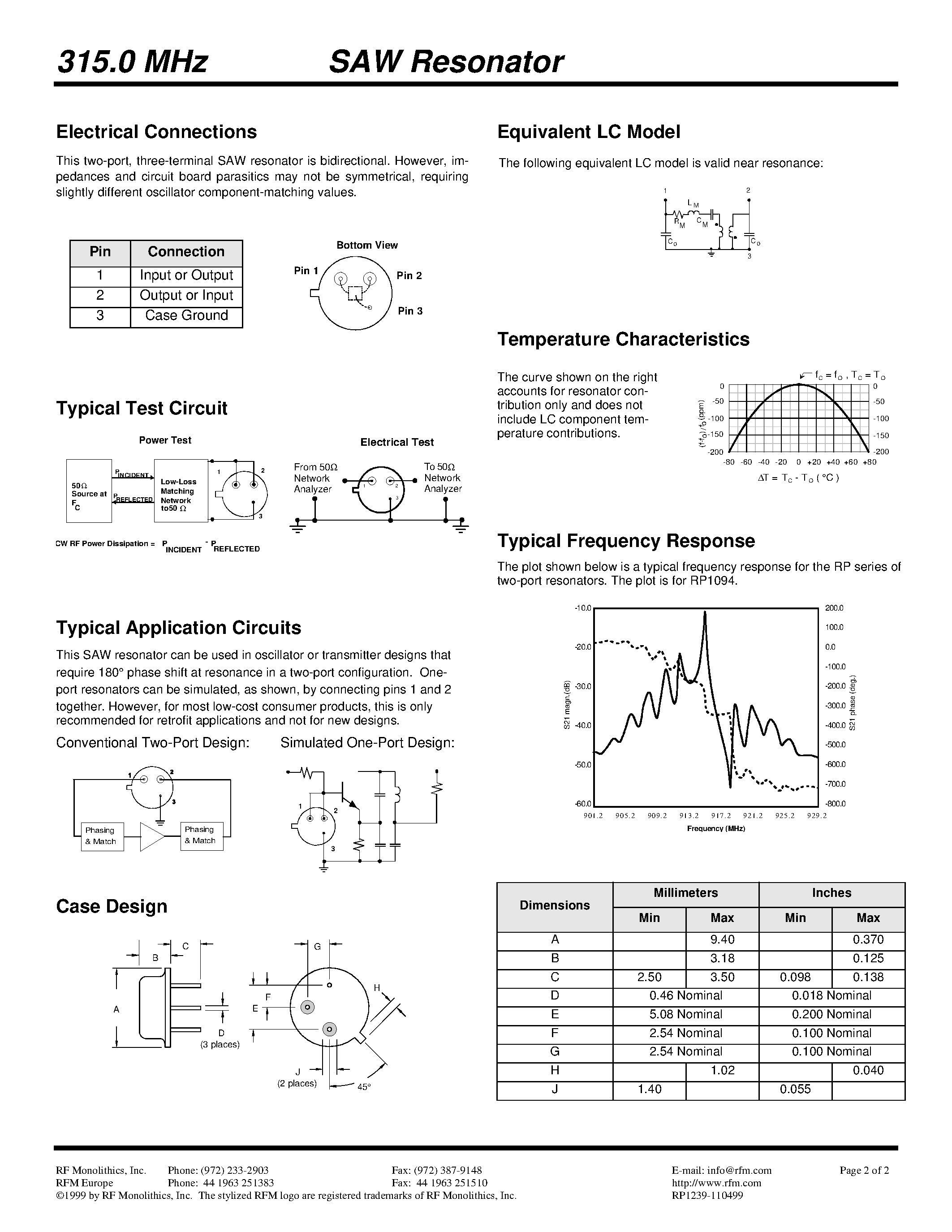Datasheet RP1239 - 315.0 MHz SAW Resonator page 2