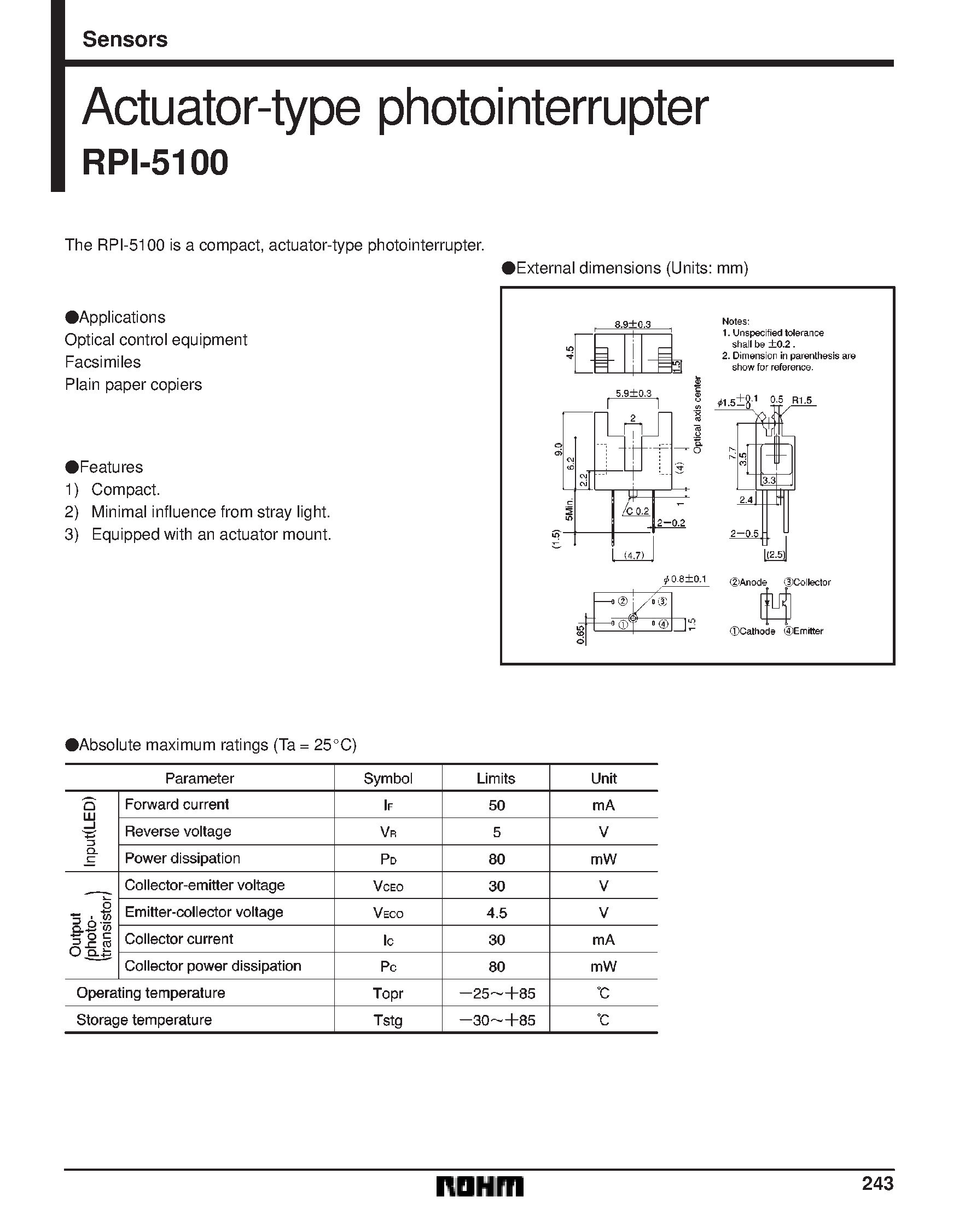 Даташит на микросхему RPI-5100 страница 1 Даташит RPI-5100 - Actuator-type photointerrupter страница 1