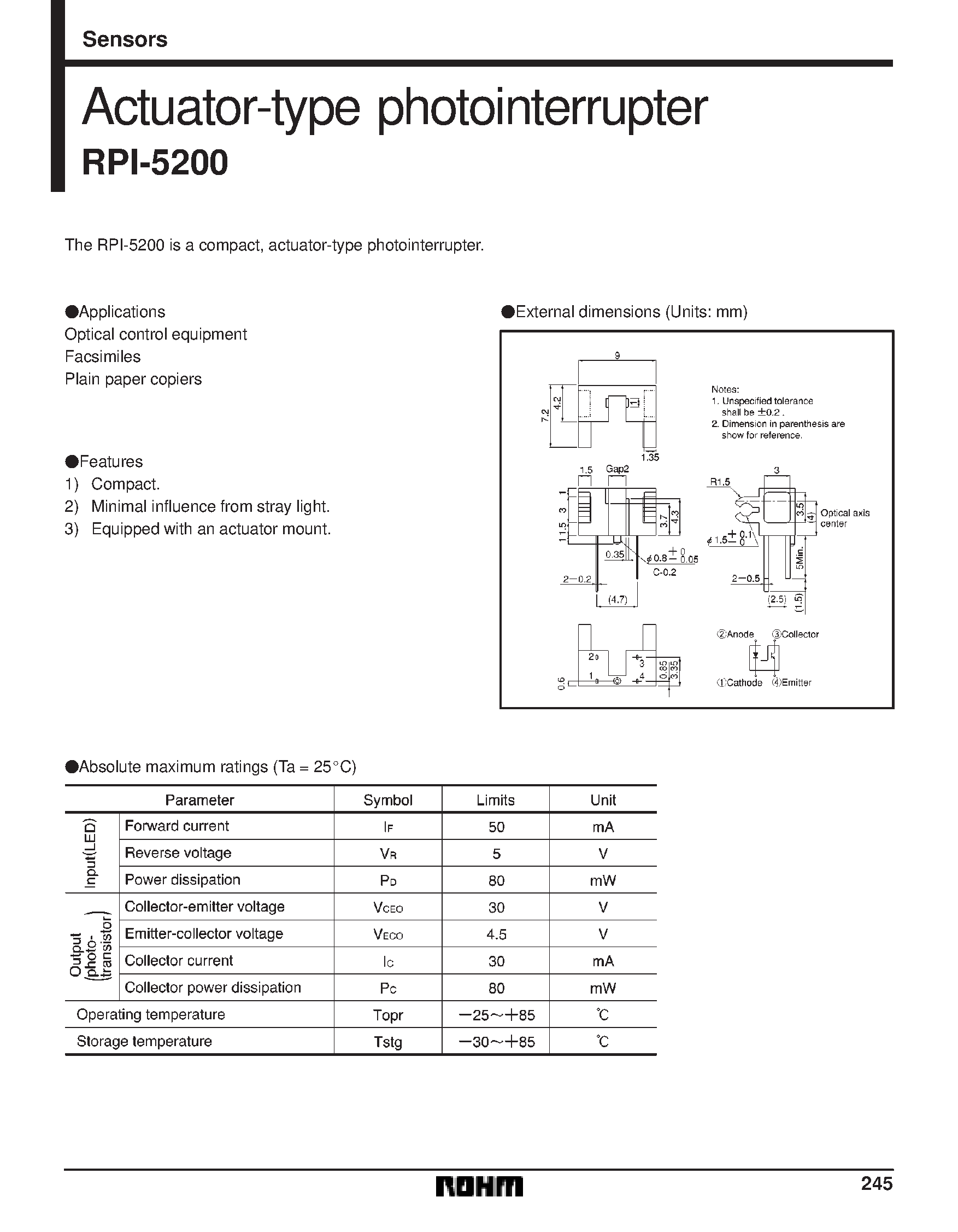 Даташит RPI-5200 - Actuator-type photointerrupter страница 1