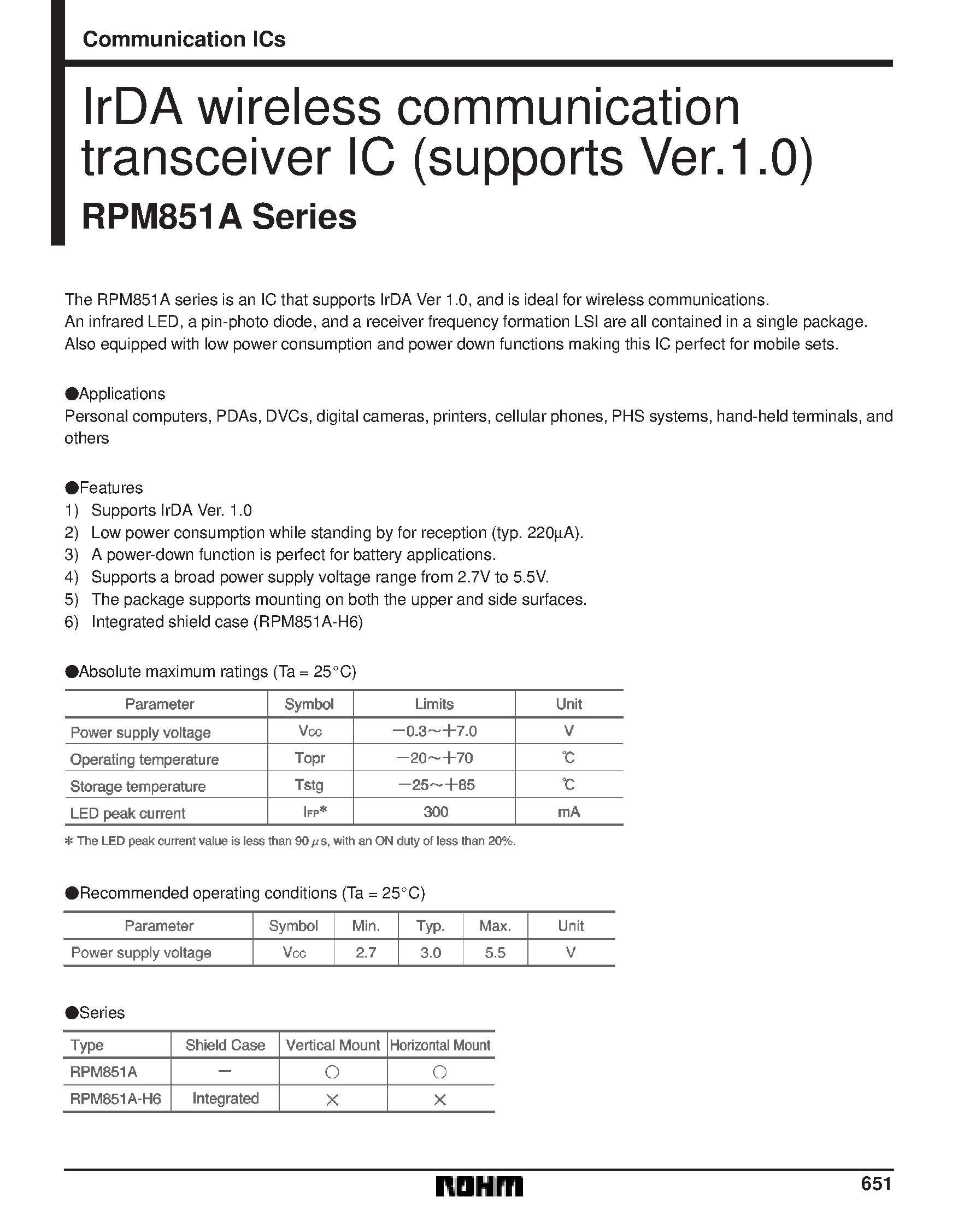 Datasheet RPM851 - IrDA wireless communication transceiver IC (supports Ver.1.0) page 1