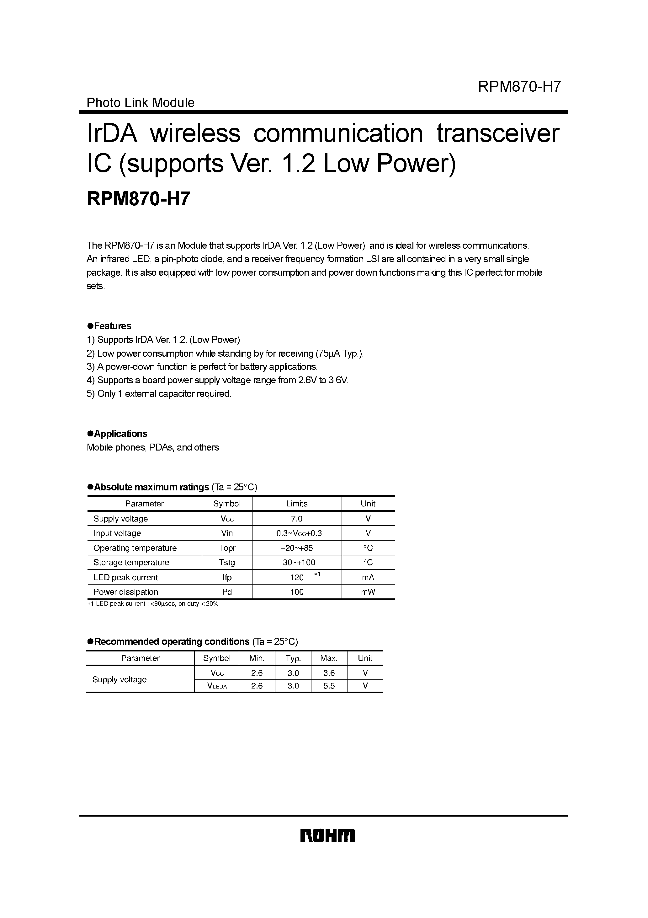 Datasheet RPM870-H7 page 1 Datasheet RPM870-H7 - IrDA wireless communication transceiver IC (supports Ver. 1.2 Low Power) page 1