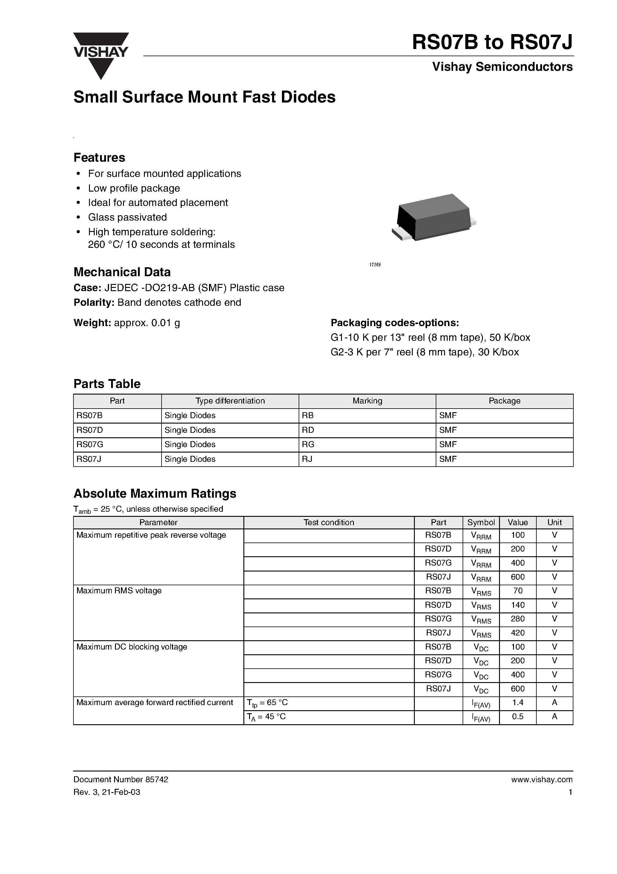 Даташит на микросхему RS07G страница 1 Даташит RS07G - Small Surface Mount Fast Diodes страница 1
