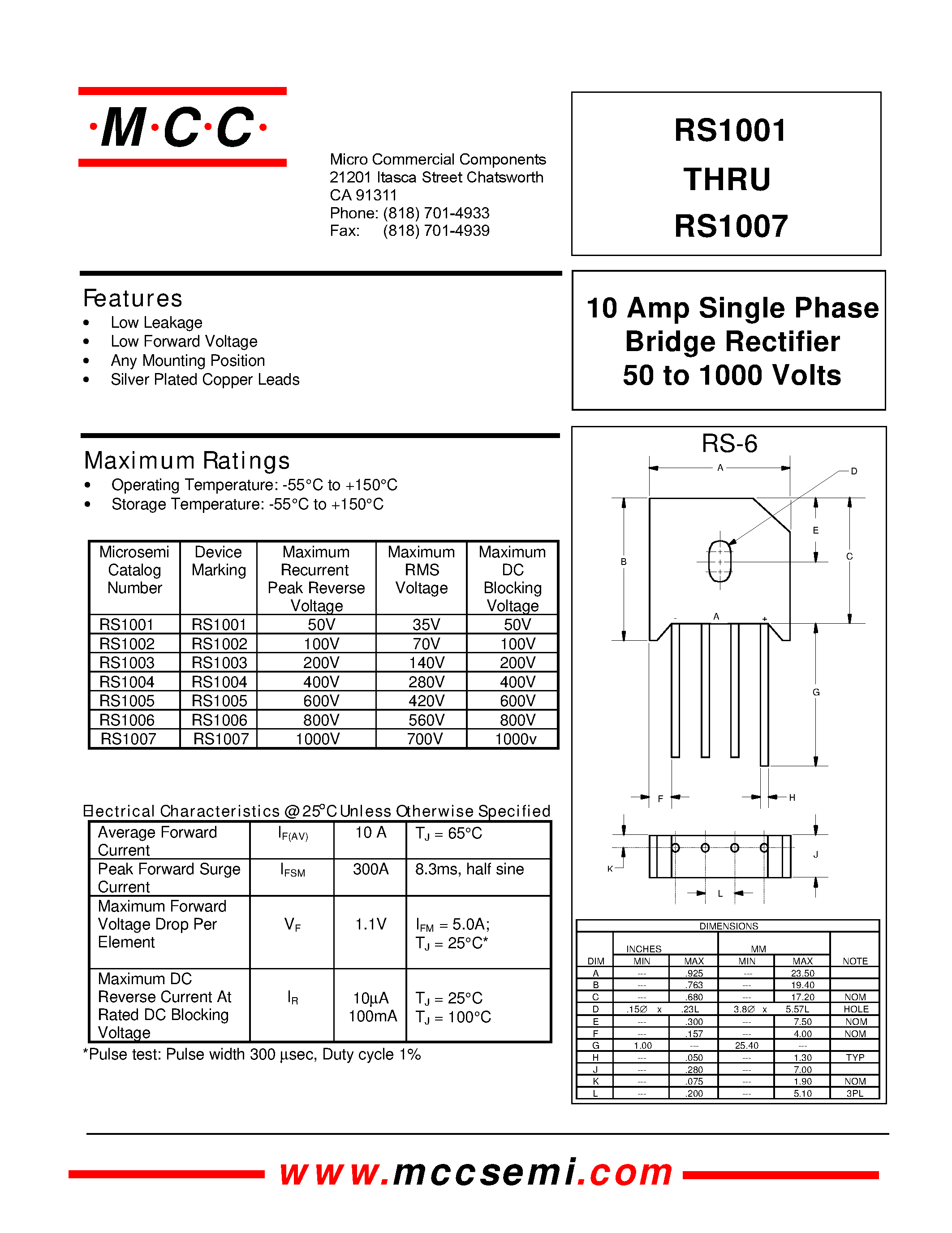 Даташит RS1002 - 10 Amp Single Phase Bridge Rectifier 50 to 1000 Volts страница 1