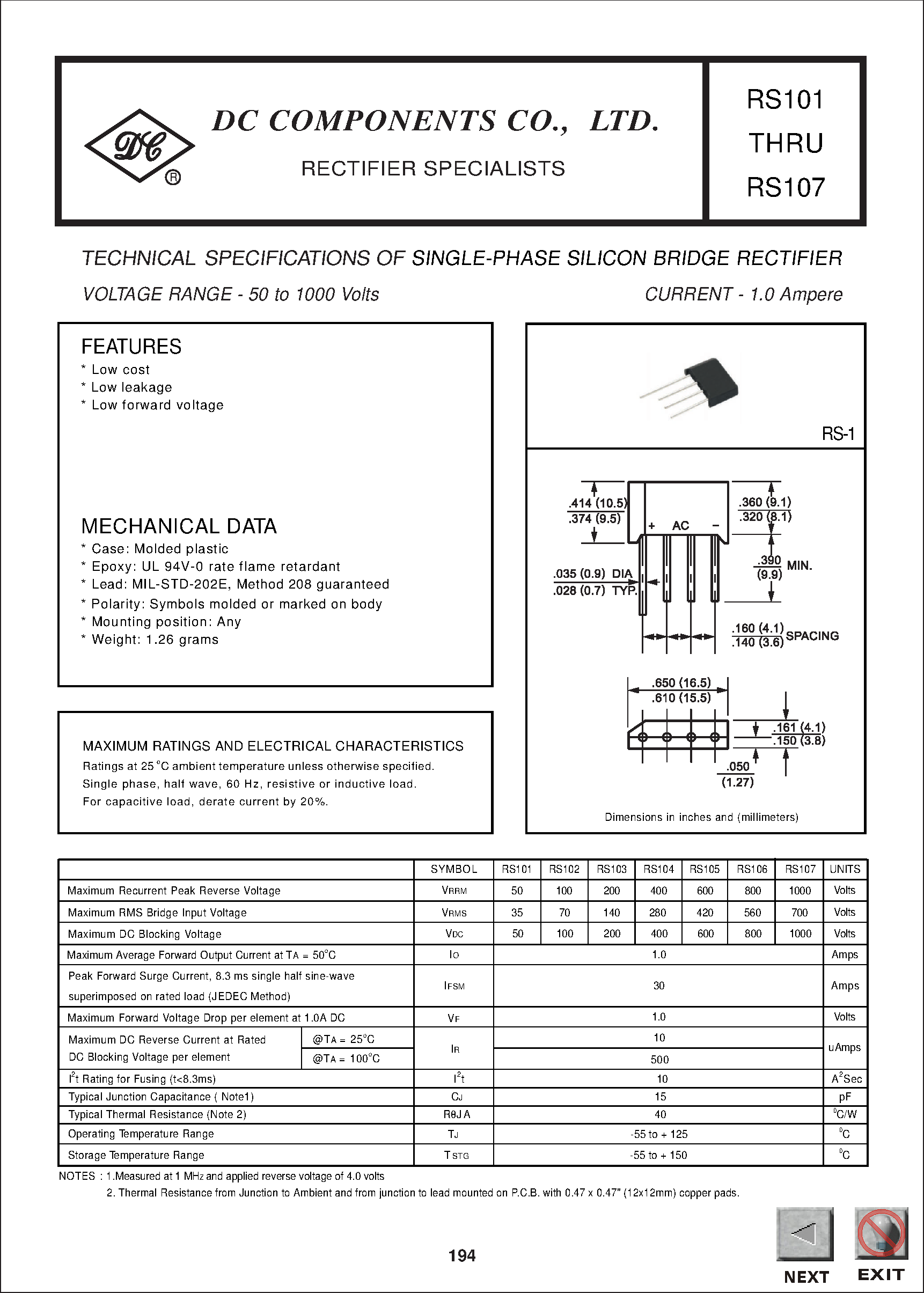 Даташит на микросхему RS101 страница 1 Даташит RS101 - TECHNICAL SPECIFICATIONS OF SINGLE-PHASE SILICON BRIDGE RECTIFIER страница 1