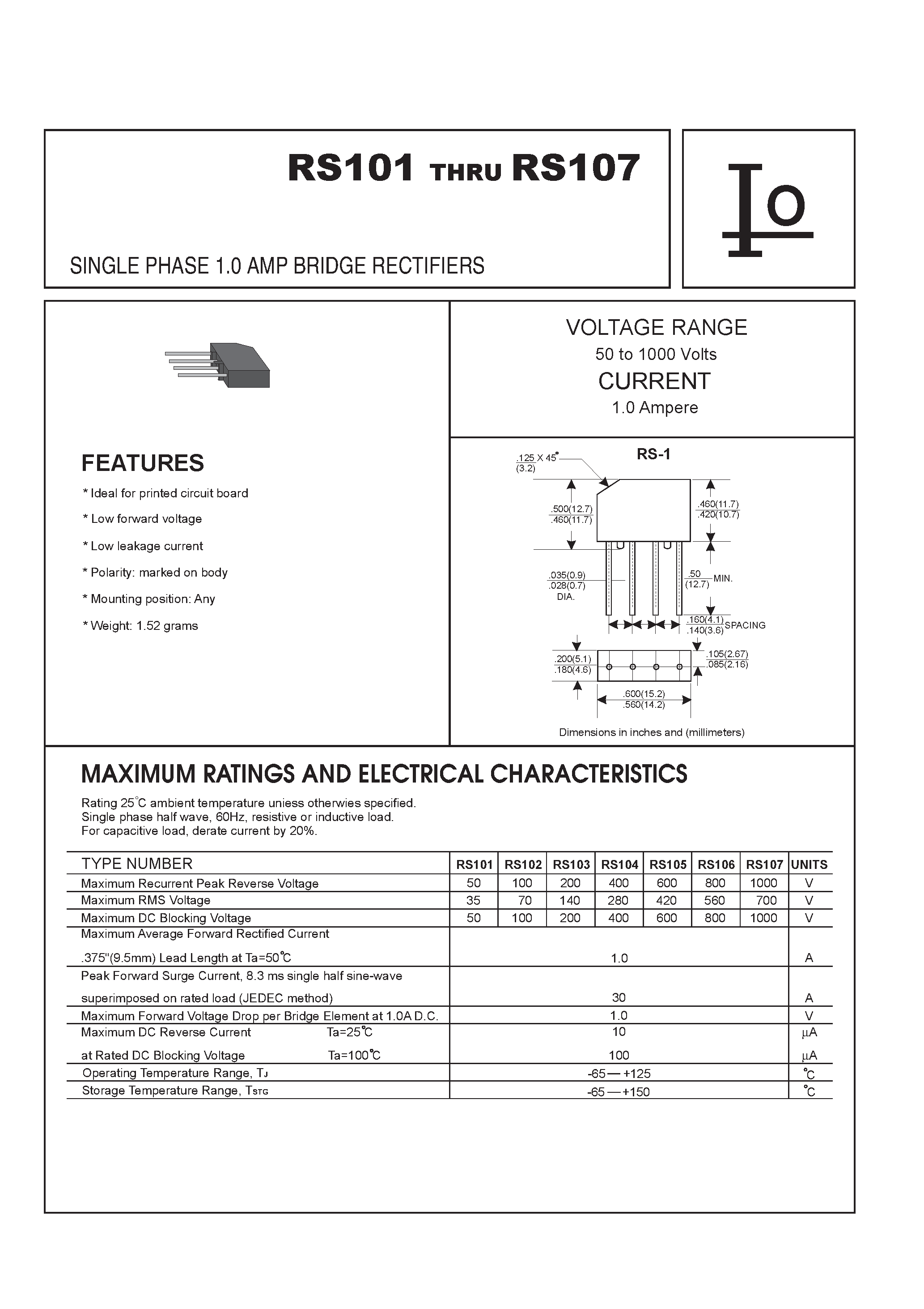 Datasheet RS105 - SINGLE PHASE 1.0 AMP BRIDGE RECTIFIERS page 1