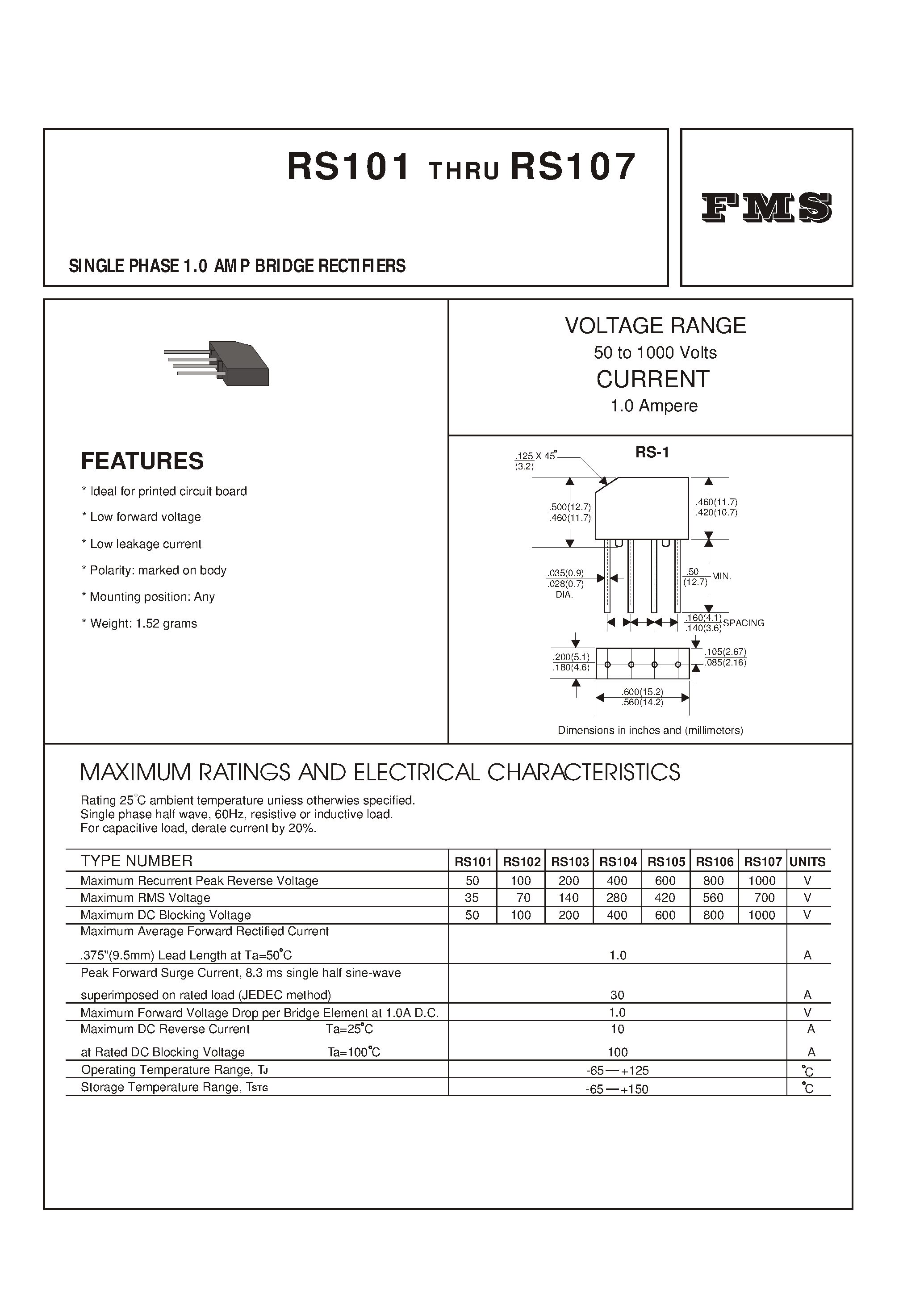 Datasheet RS105 page 1 Datasheet RS105 - SINGLE PHASE 1.0 AMP BRIDGE RECTIFIERS page 1