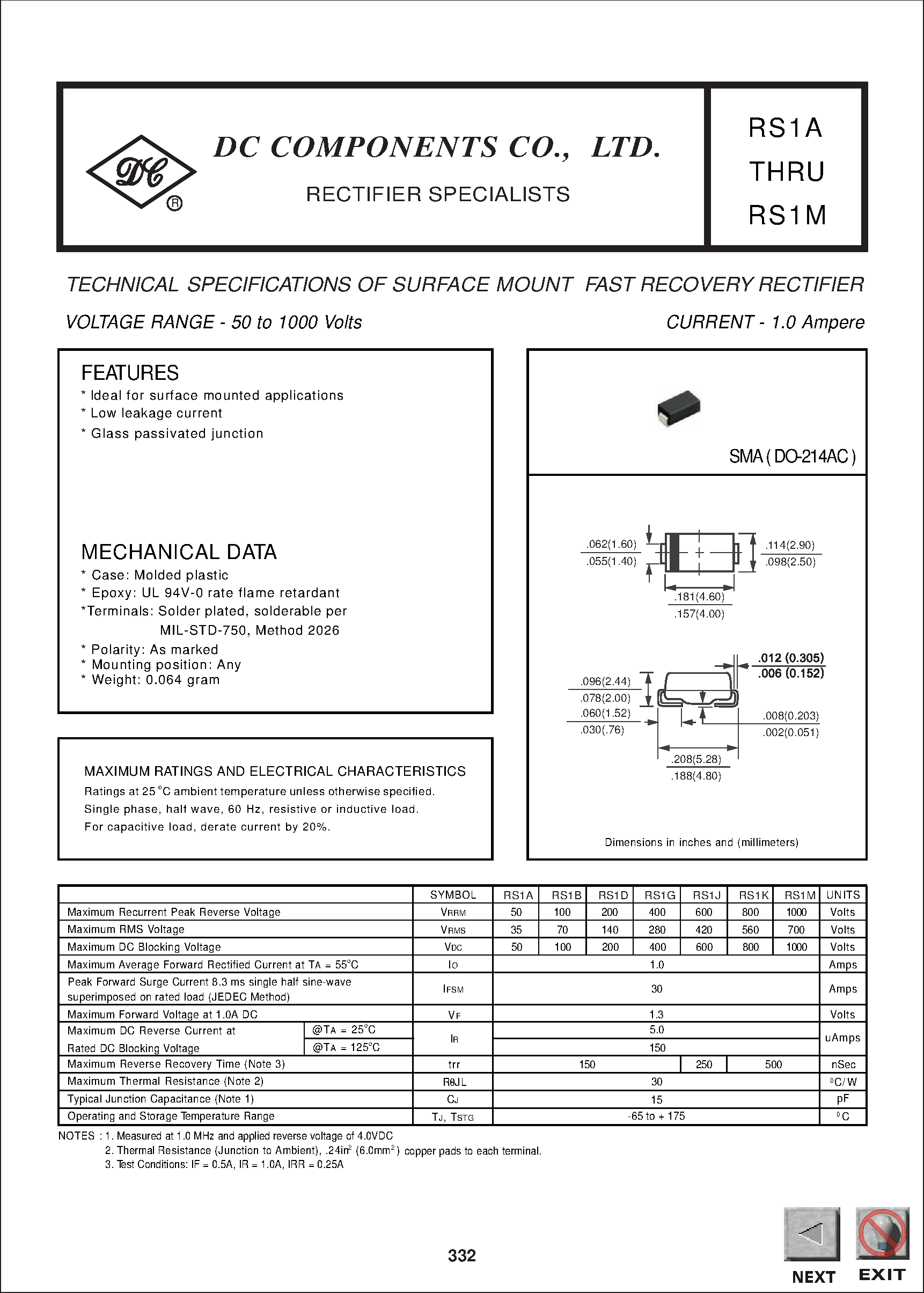 Даташит на микросхему RS1B страница 1 Даташит RS1B - TECHNICAL SPECIFICATIONS OF SURFACE MOUNT FAST RECOVERY RECTIFIER страница 1