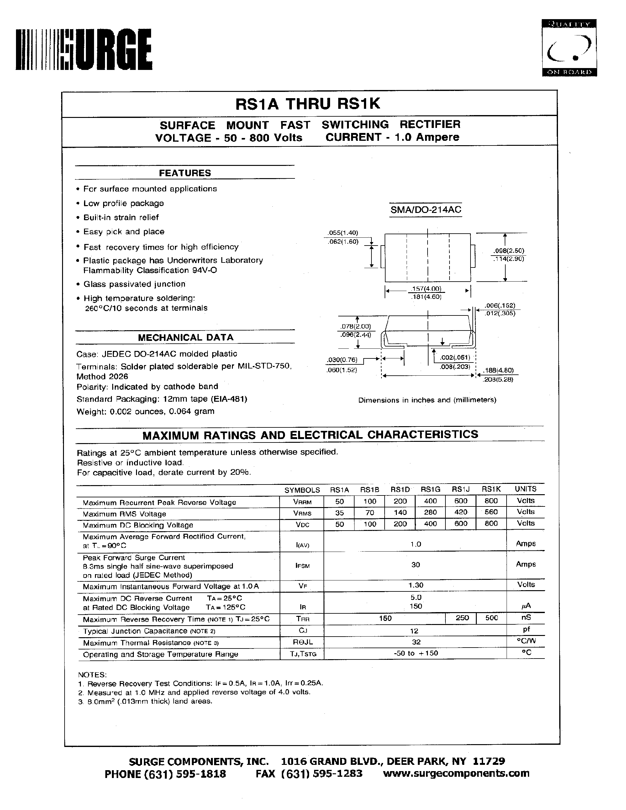 Datasheet RS1G - SURFACE MOUNT FAST SWITCHING RECTIFIER VOLTAGE - 50 TO 800 Volts CURRENT - 1.0 Ampere page 1