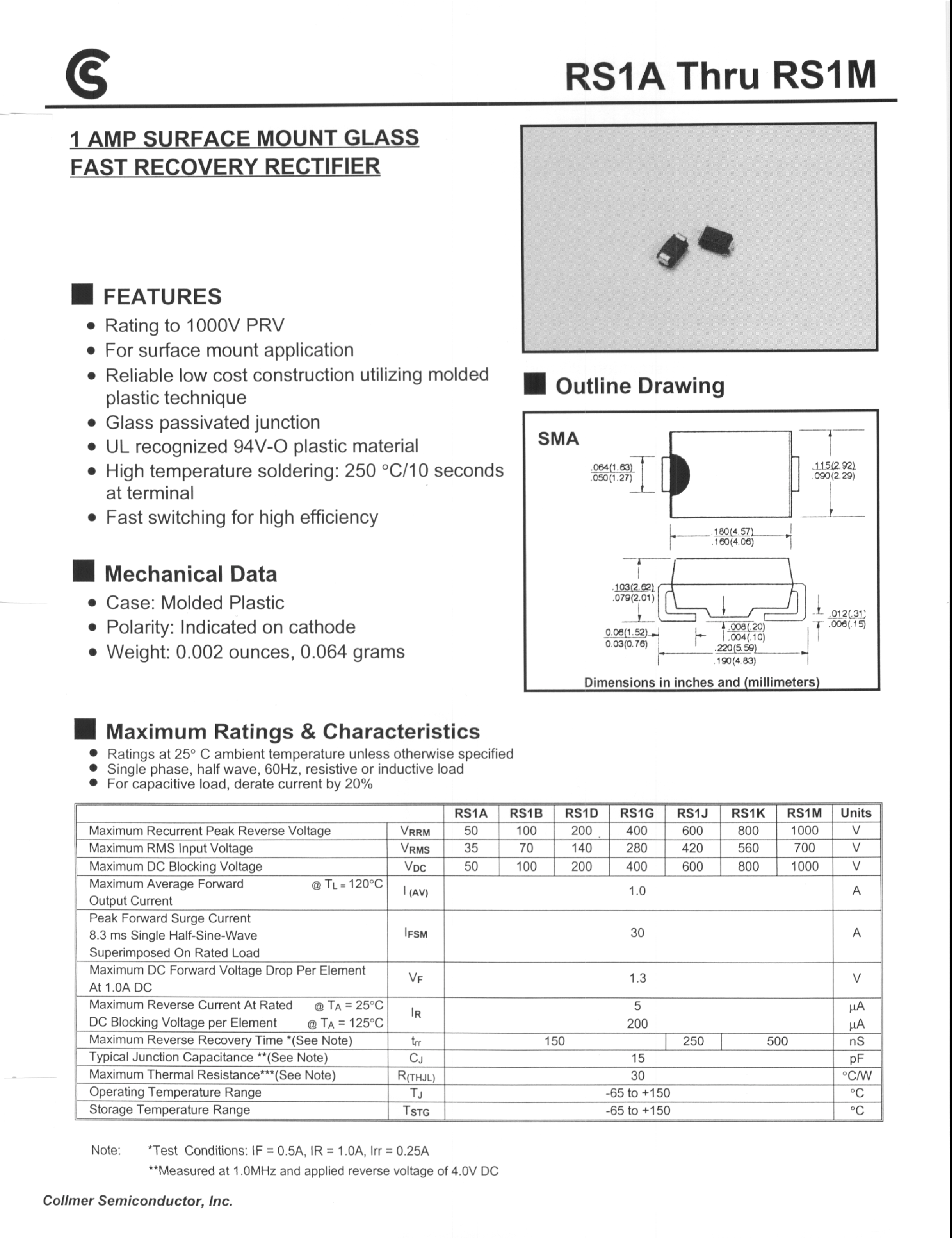 Даташит на микросхему RS1J страница 1 Даташит RS1J - 1 AMP SURFACE MOUNT GLASS FAST RECOVERY RECTIFIER страница 1