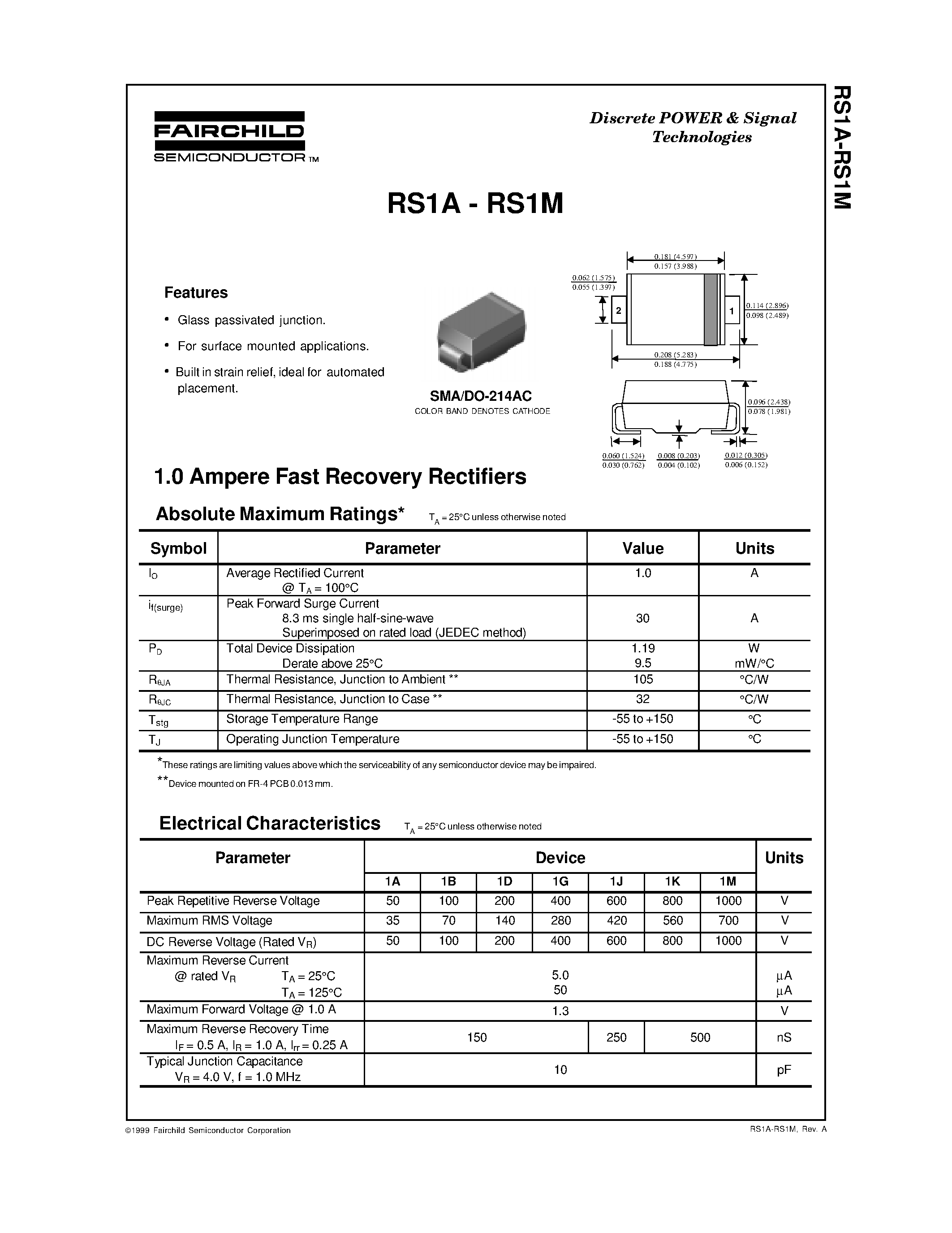 Datasheet RS1K - 1.0 Ampere Fast Recovery Rectifiers page 1