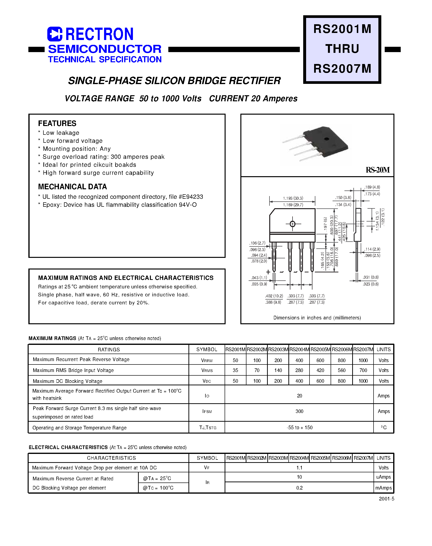 Даташит RS2003M - SINGLE-PHASE SILICON BRIDGE RECTIFIER (VOLTAGE RANGE 50 to 1000 Volts CURRENT 20 Amperes) страница 1