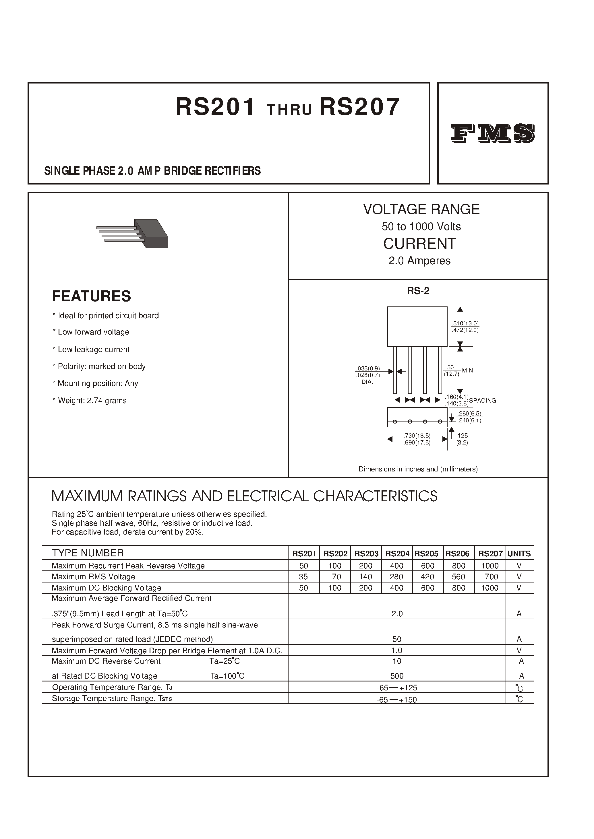 Datasheet RS201 - SINGLE PHASE 2.0 AMP BRIDGE RECTIFIERS page 1