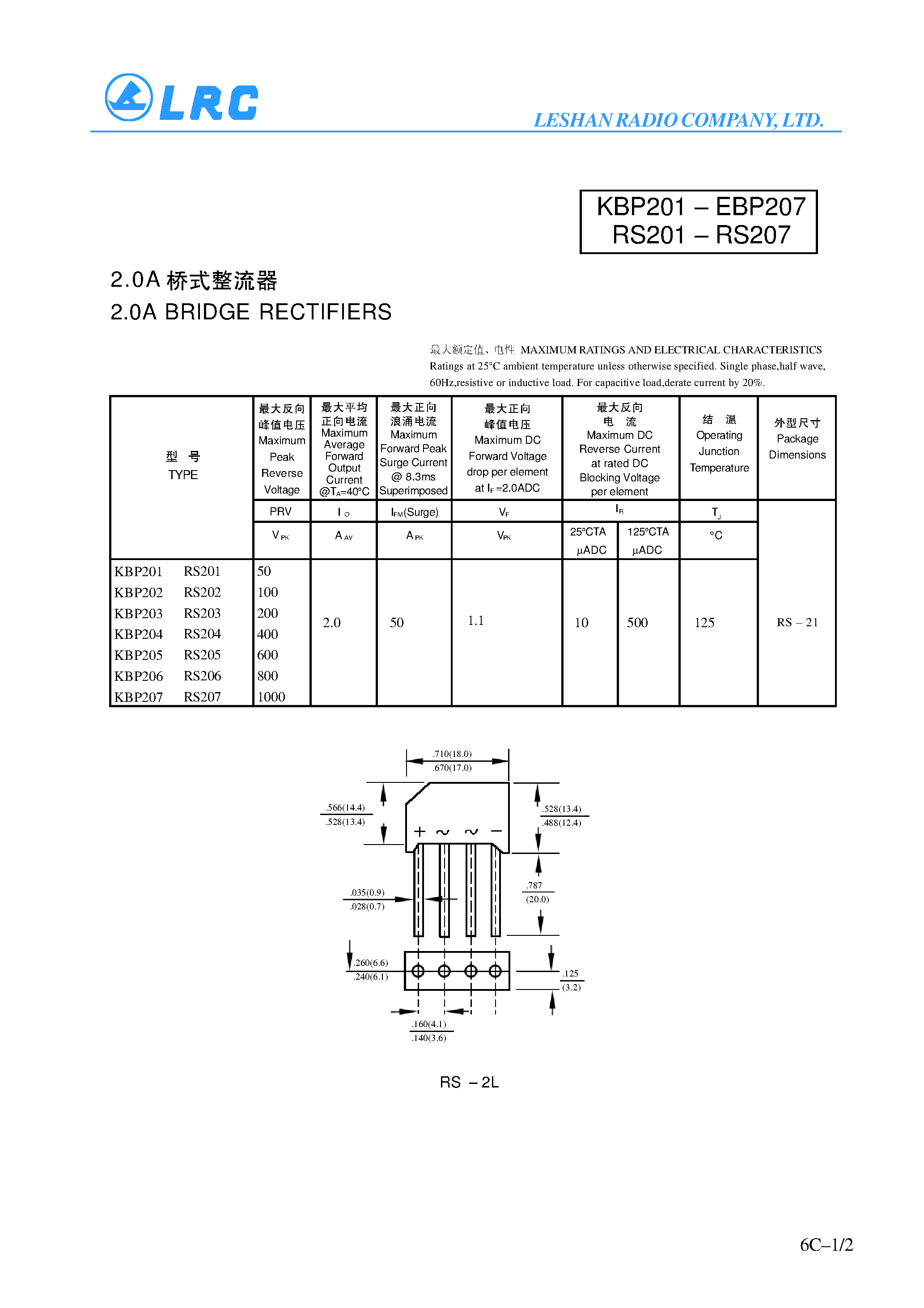 Datasheet RS201 page 1 Datasheet RS201 - 2.0A BRIDGE RECTIFIERS page 1