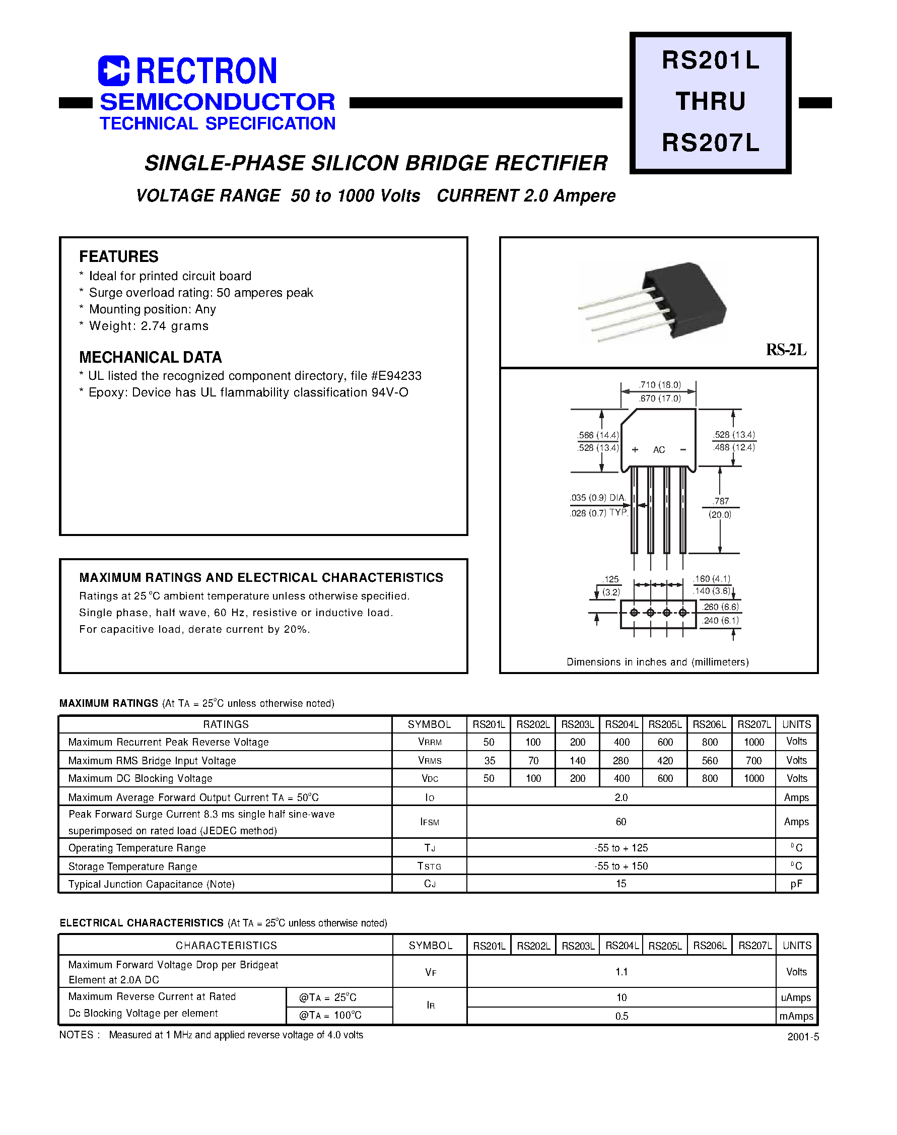 Datasheet RS206L - SINGLE-PHASE SILICON BRIDGE RECTIFIER (VOLTAGE RANGE 50 to 1000 Volts CURRENT 2.0 Ampere) page 1