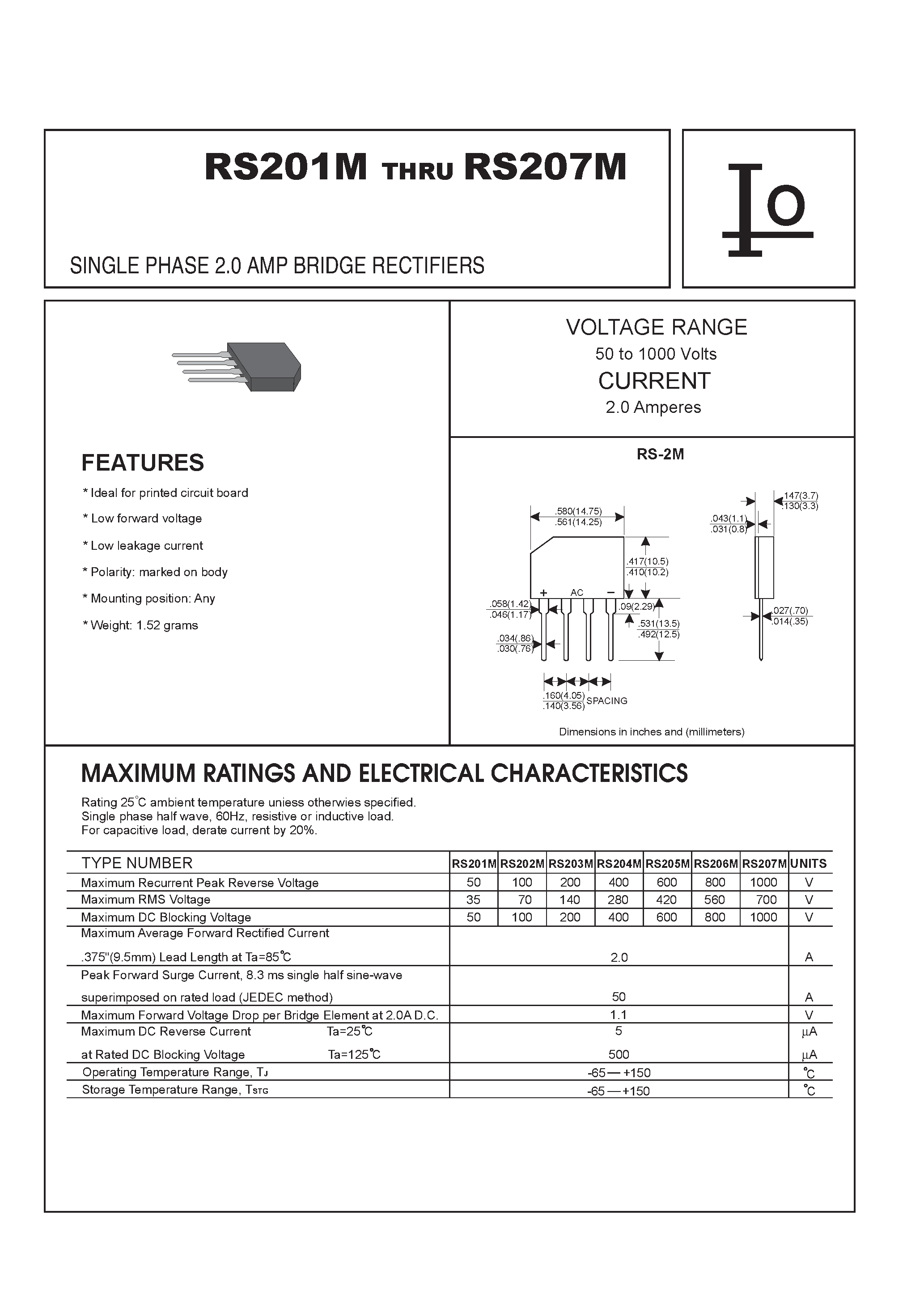 Datasheet RS207M page 1 Datasheet RS207M - SINGLE PHASE 2.0 AMP BRIDGE RECTIFIERS page 1
