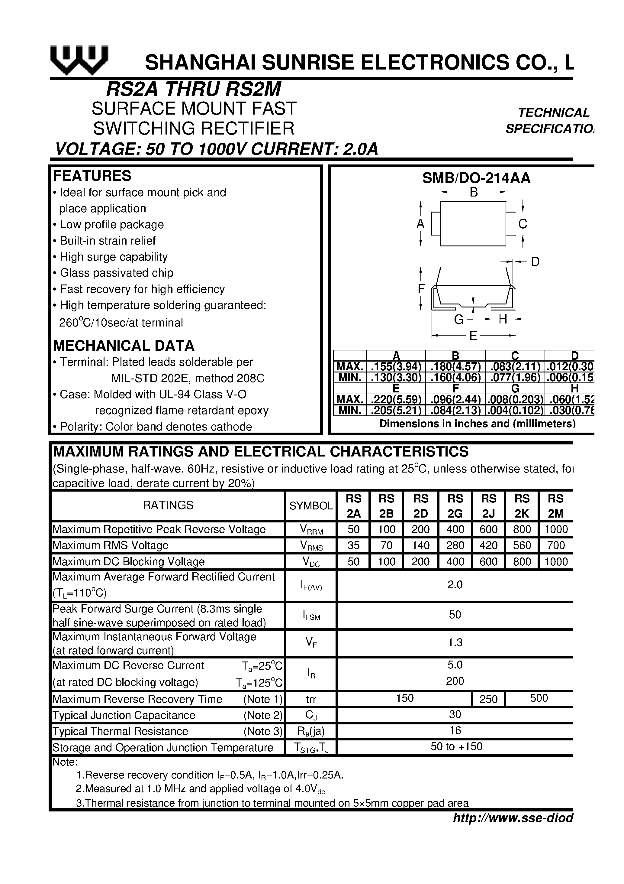 Даташит RS2A - SURFACE MOUNT FAST SWITCHING RECTIFIER страница 1