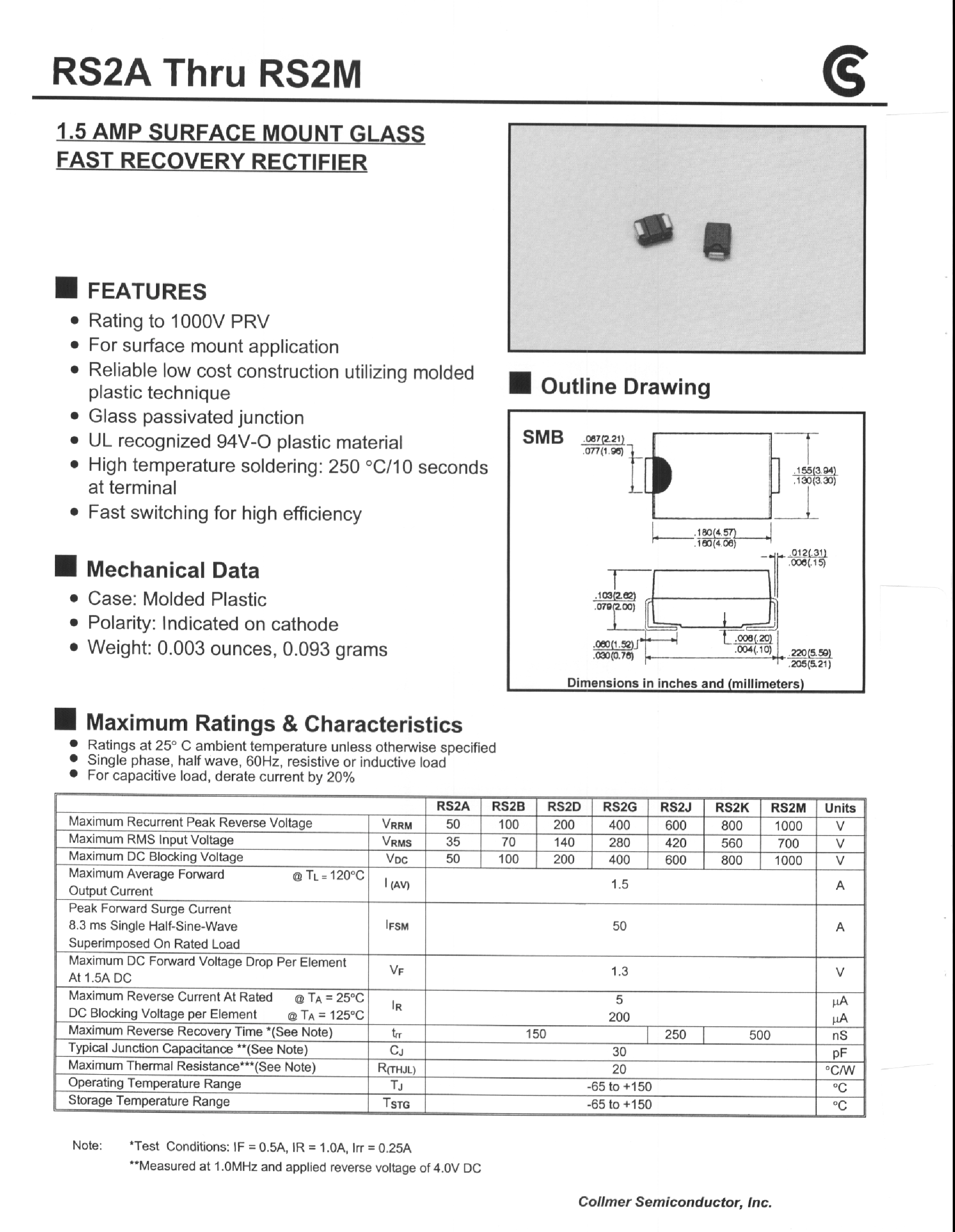Datasheet RS2D - 1.5AMP SURFACE MOUNT GLASS FAST RECOVERY RECTIFIER page 1