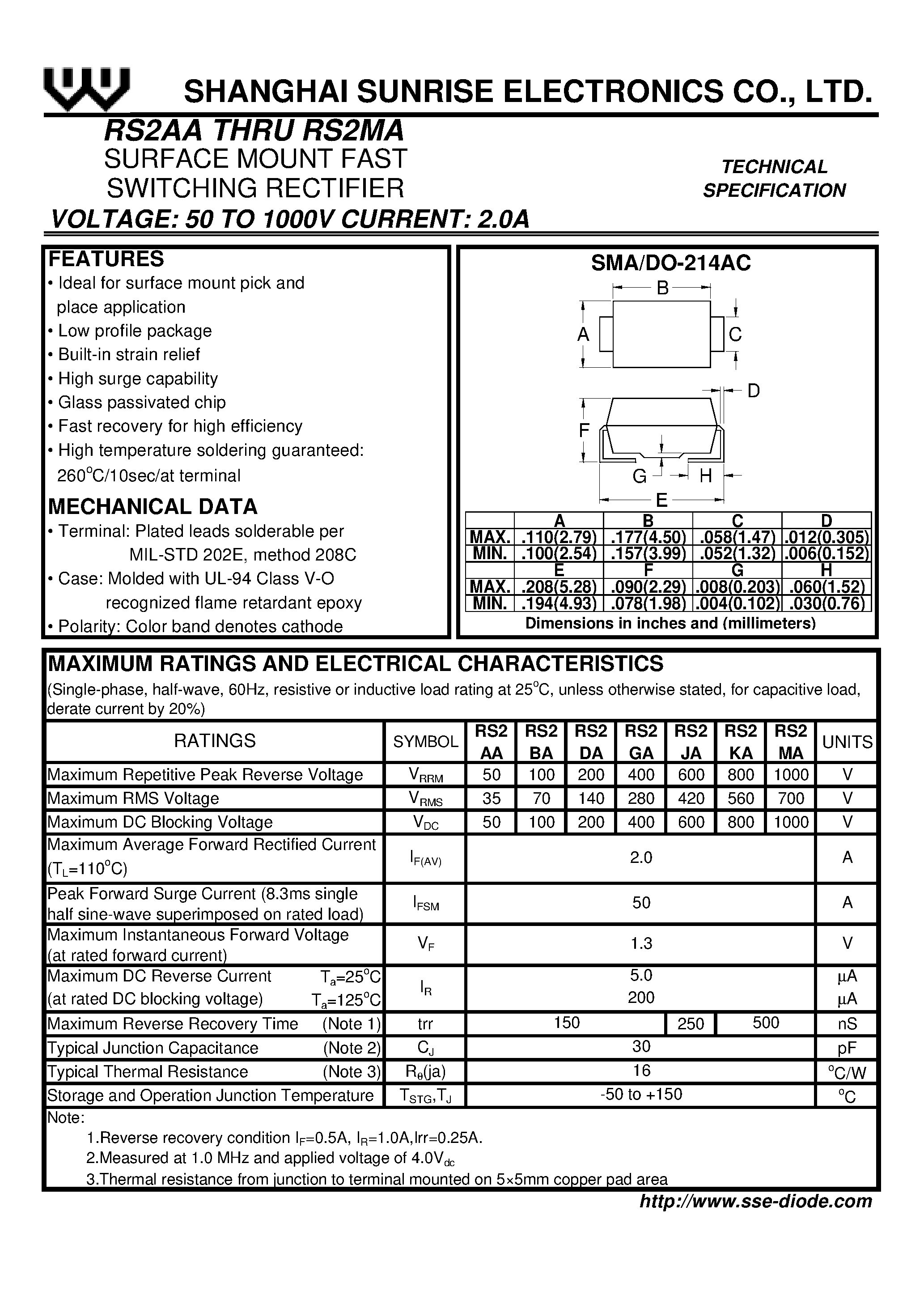 Даташит на микросхему RS2DA страница 1 Даташит RS2DA - SURFACE MOUNT FAST SWITCHING RECTIFIER страница 1