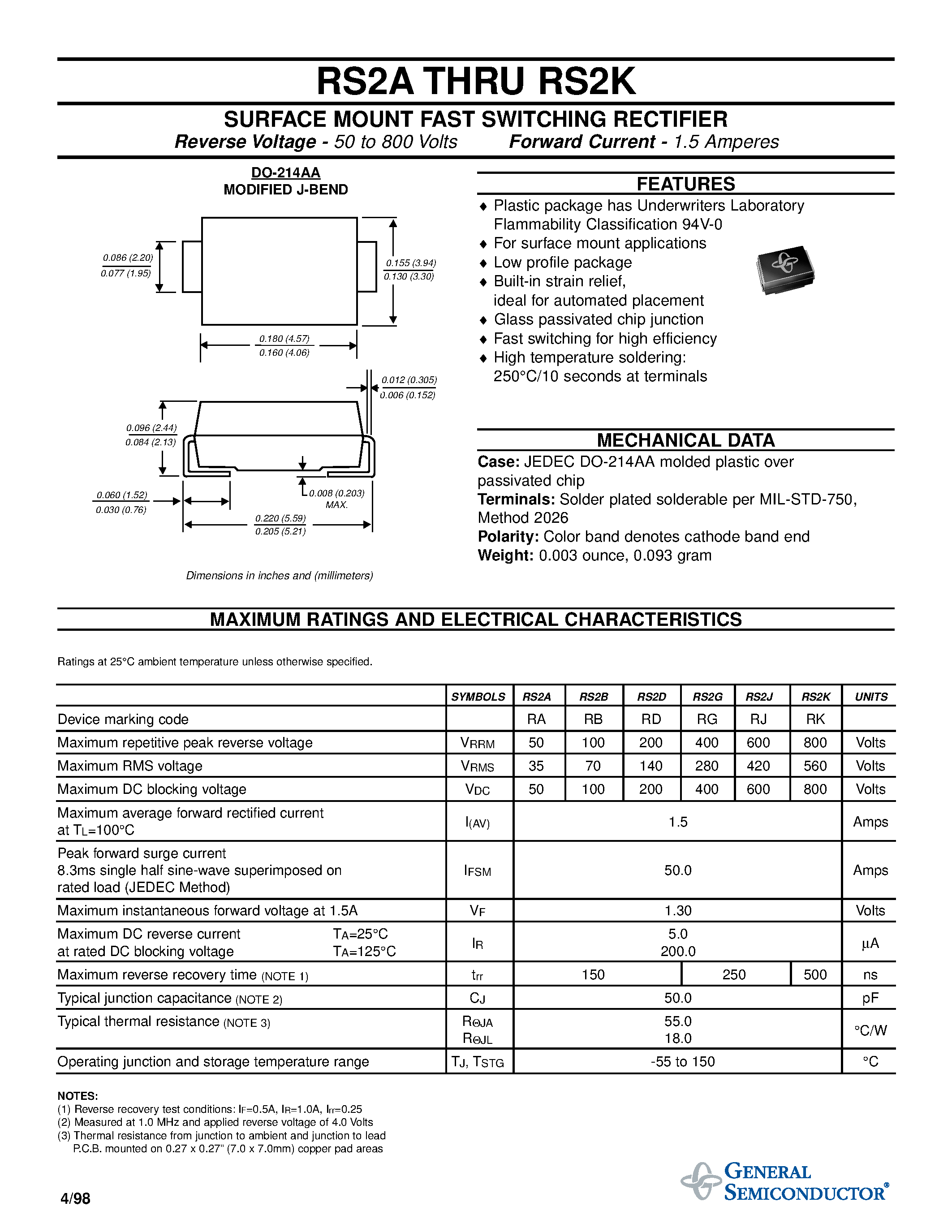 Даташит на микросхему RS2G страница 1 Даташит RS2G - SURFACE MOUNT FAST SWITCHING RECTIFIER страница 1