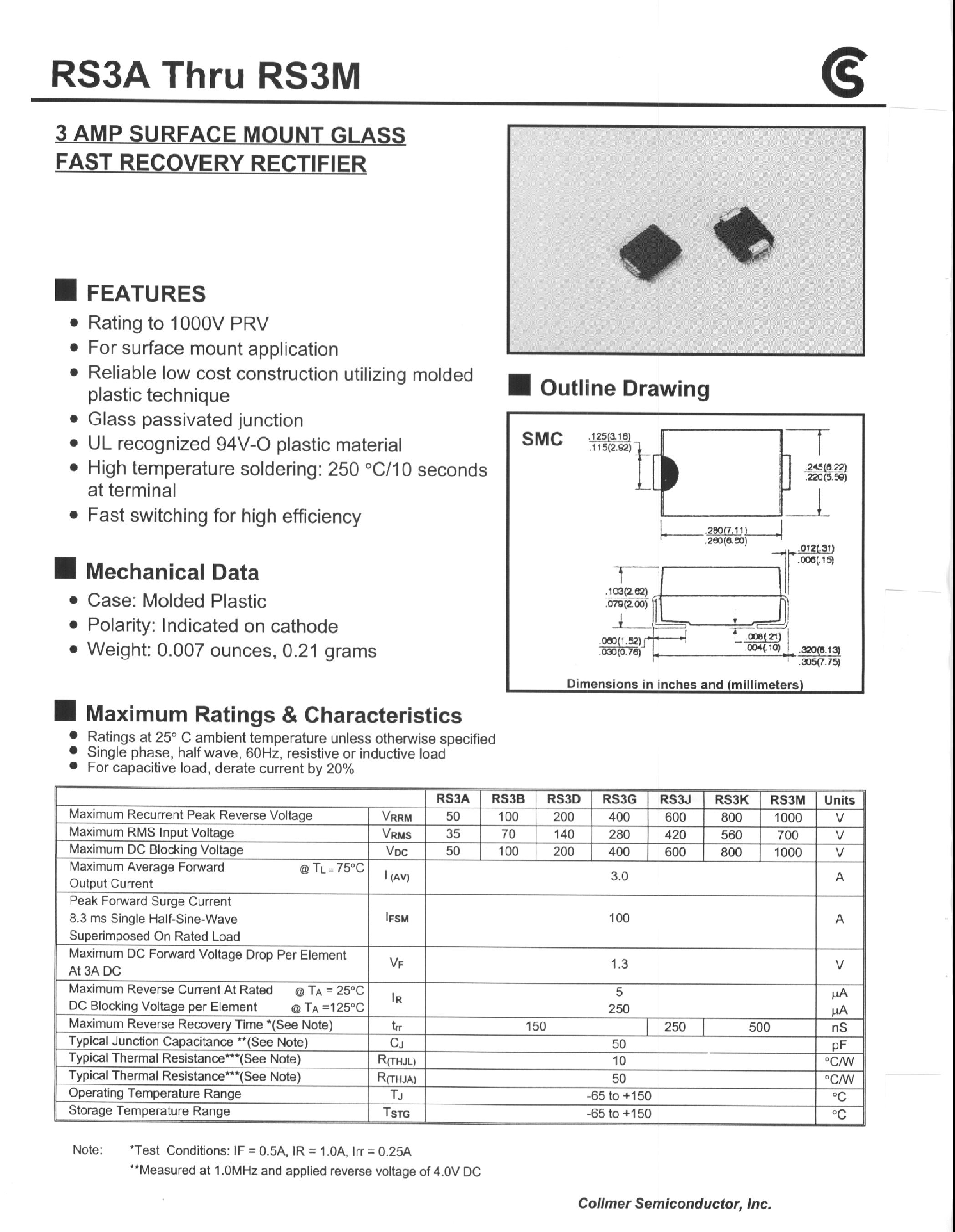 Datasheet RS3J - 3 AMP SURFACE MOUNT GLASS FAST RECOVERY RECTIFIER page 1