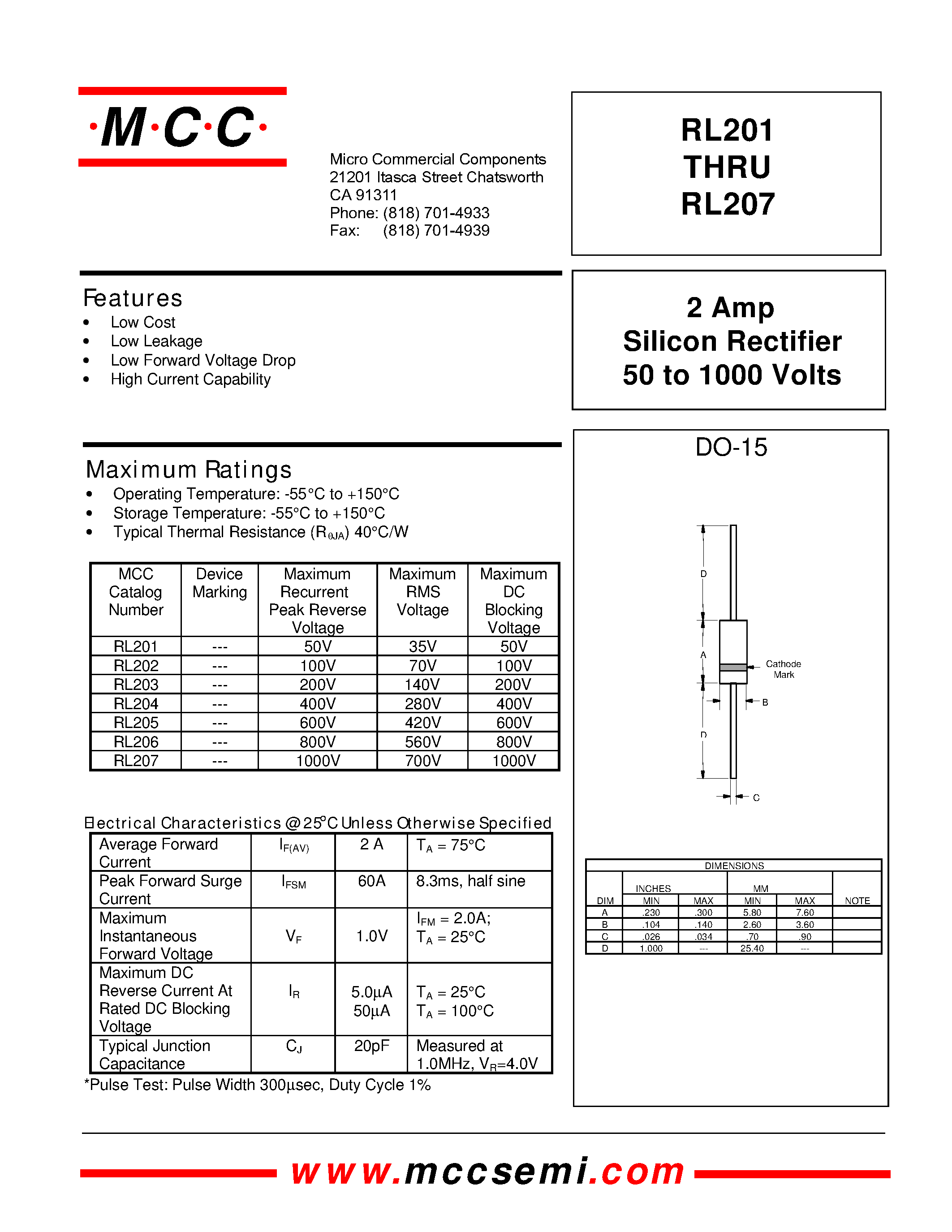 Datasheet RL205 - 2 Amp Silicon Rectifier 50 to 1000 Volts page 1