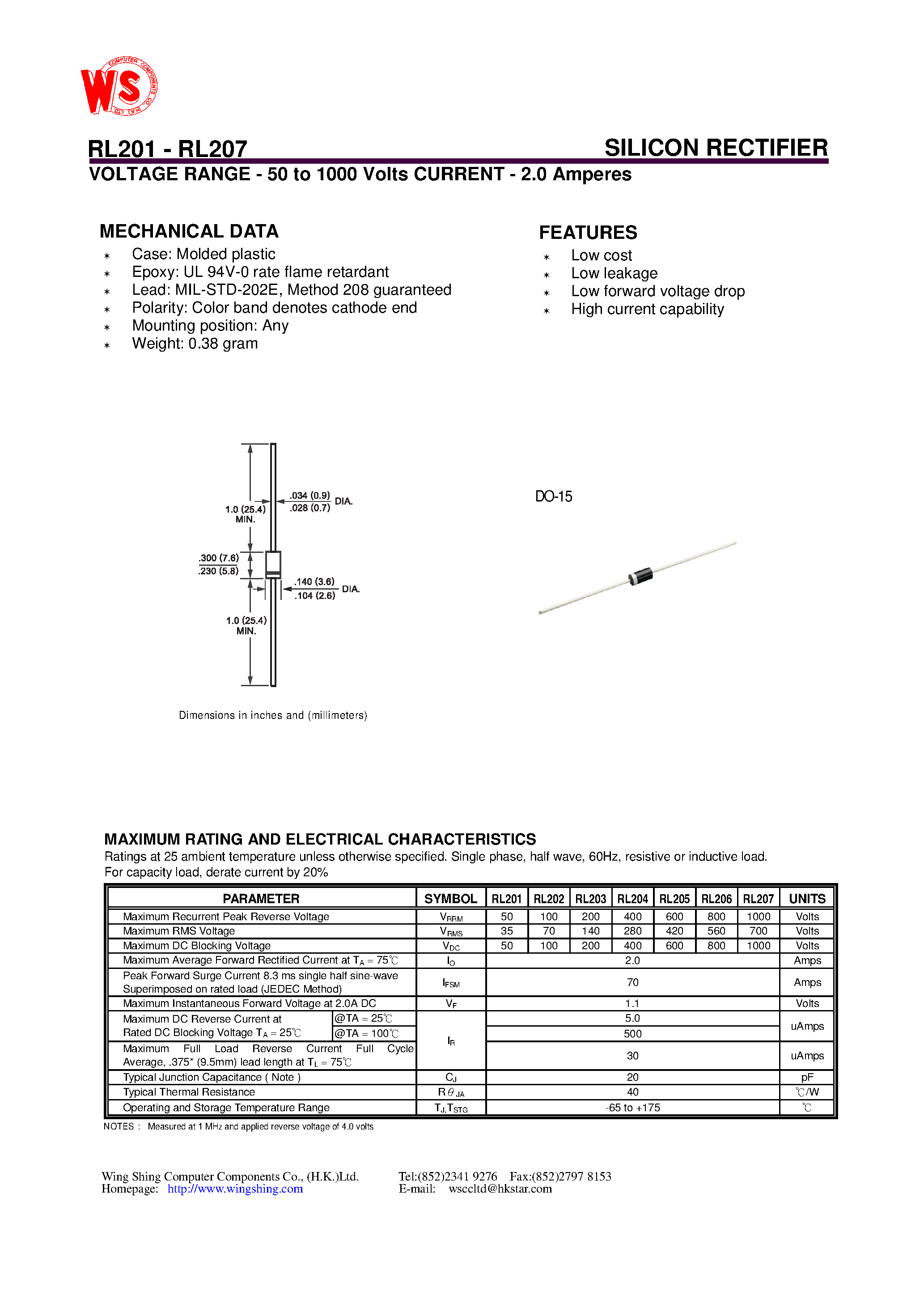 Datasheet RL206 - SILICON RECTIFIER(VOLTAGE RANGE - 50 to 1000 Volts CURRENT - 2.0 Amperes) page 1