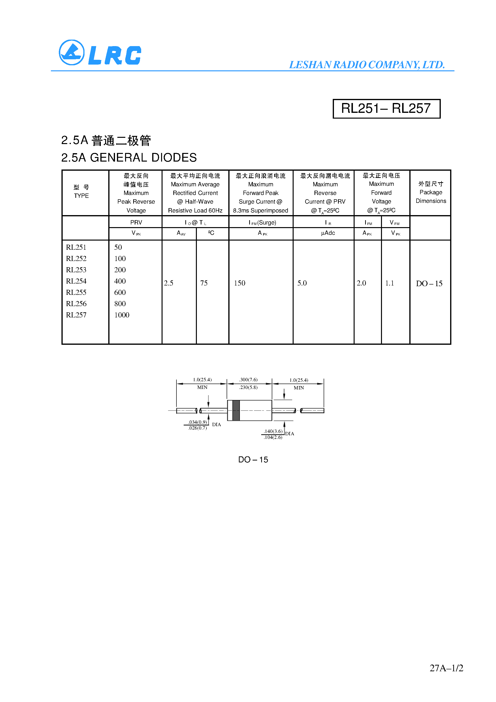 Datasheet RL251 page 1 Datasheet RL251 - 2.5A GENERAL DIODES page 1